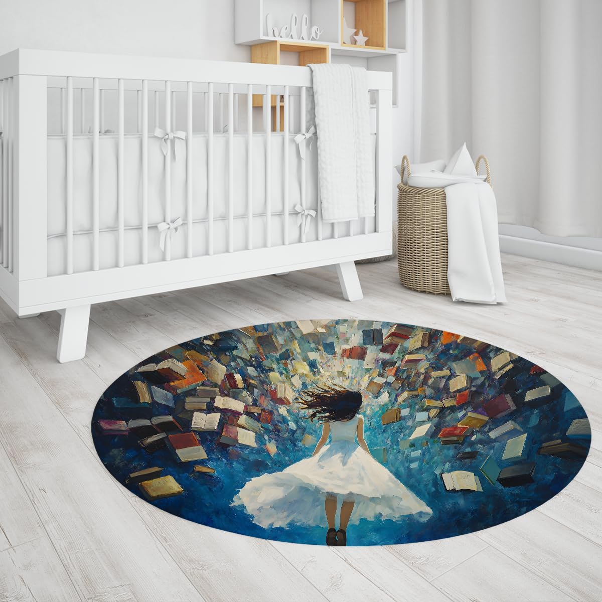 Tapis Rond 100cm Livres Volants Fille Anime Tapis Circulaire Style Peinture Huile bibliothèque Magique antidérapant Fin Faible épaisseur carpette déco Salon Bureau Appartement