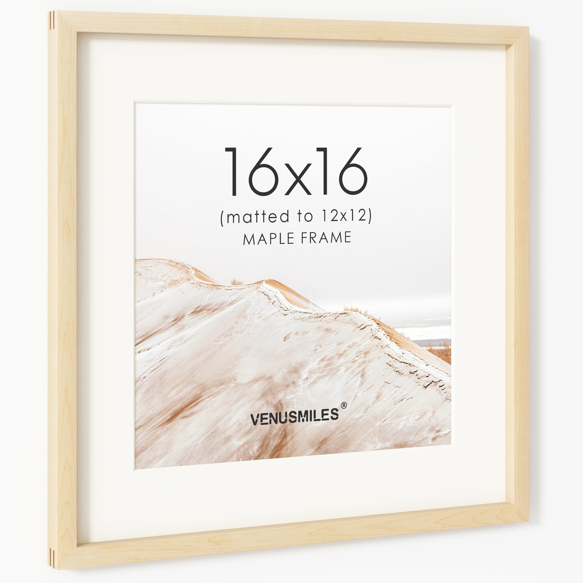 16x16 Picture Frame, USA-Sourced Natural Maple Wood Photo Collage Frame with HD Tempered Glass, Modern Simple 16 x 16 Wooden Frame Matted to 12x12, Gallery Wall Frames for Art