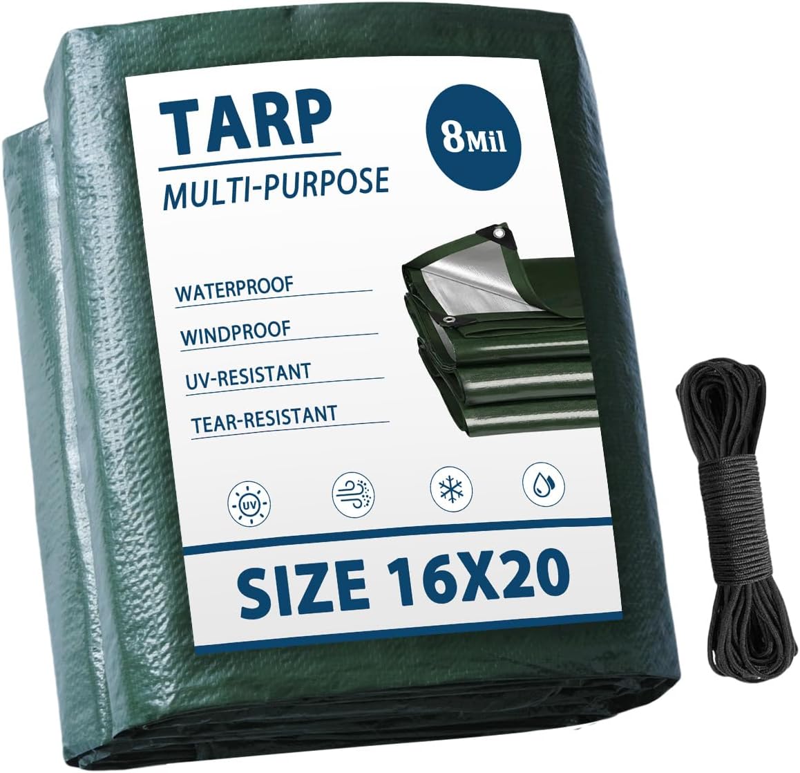 16×20 Waterproof Green Camping Tarp – 8Mil with Grommets for Pools & Rain