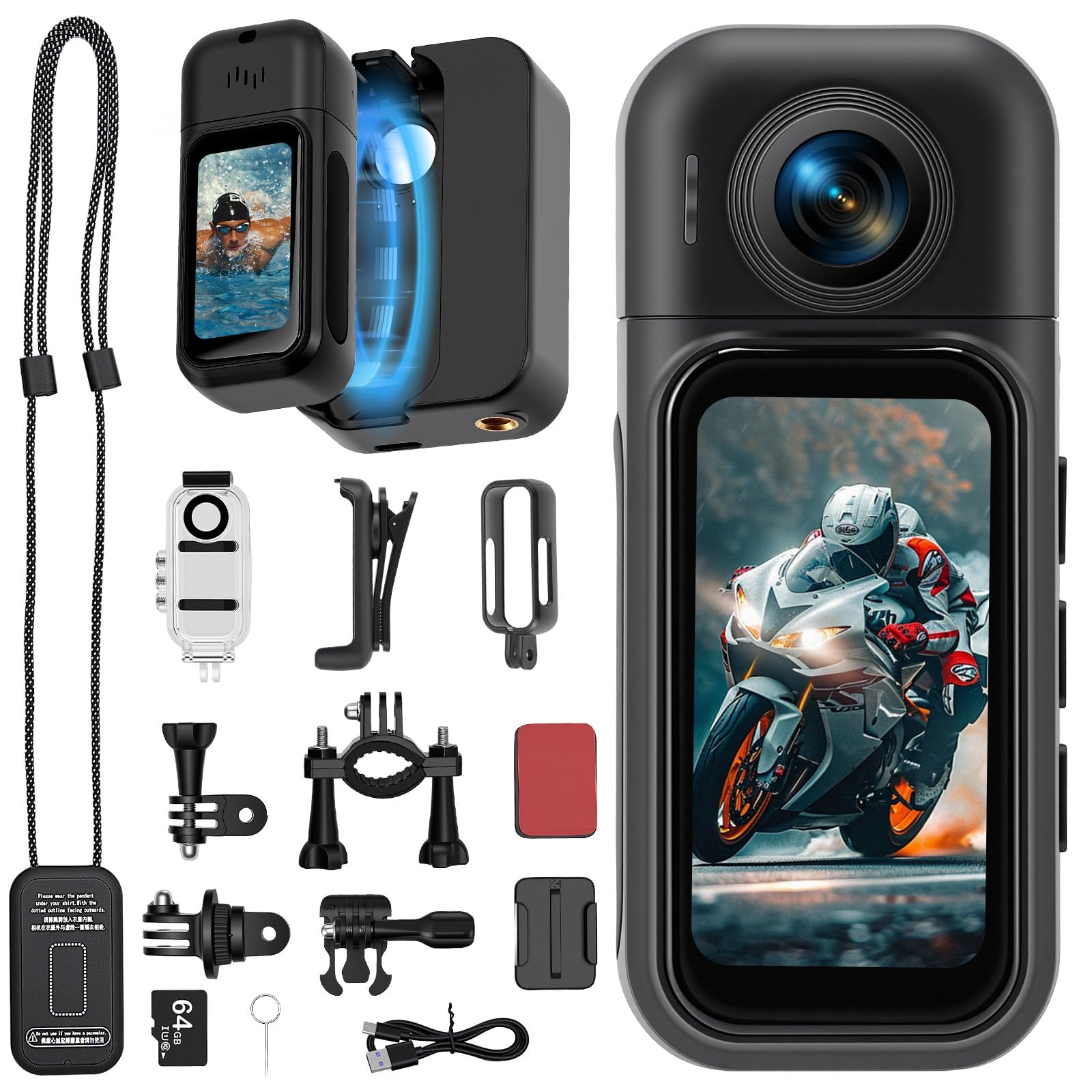 Mini Action Cam mit 180° Rotierendem Objektiv, 1080P, Wasserdicht 30m, 1,47" Touchscreen, Body Cam für Vlog