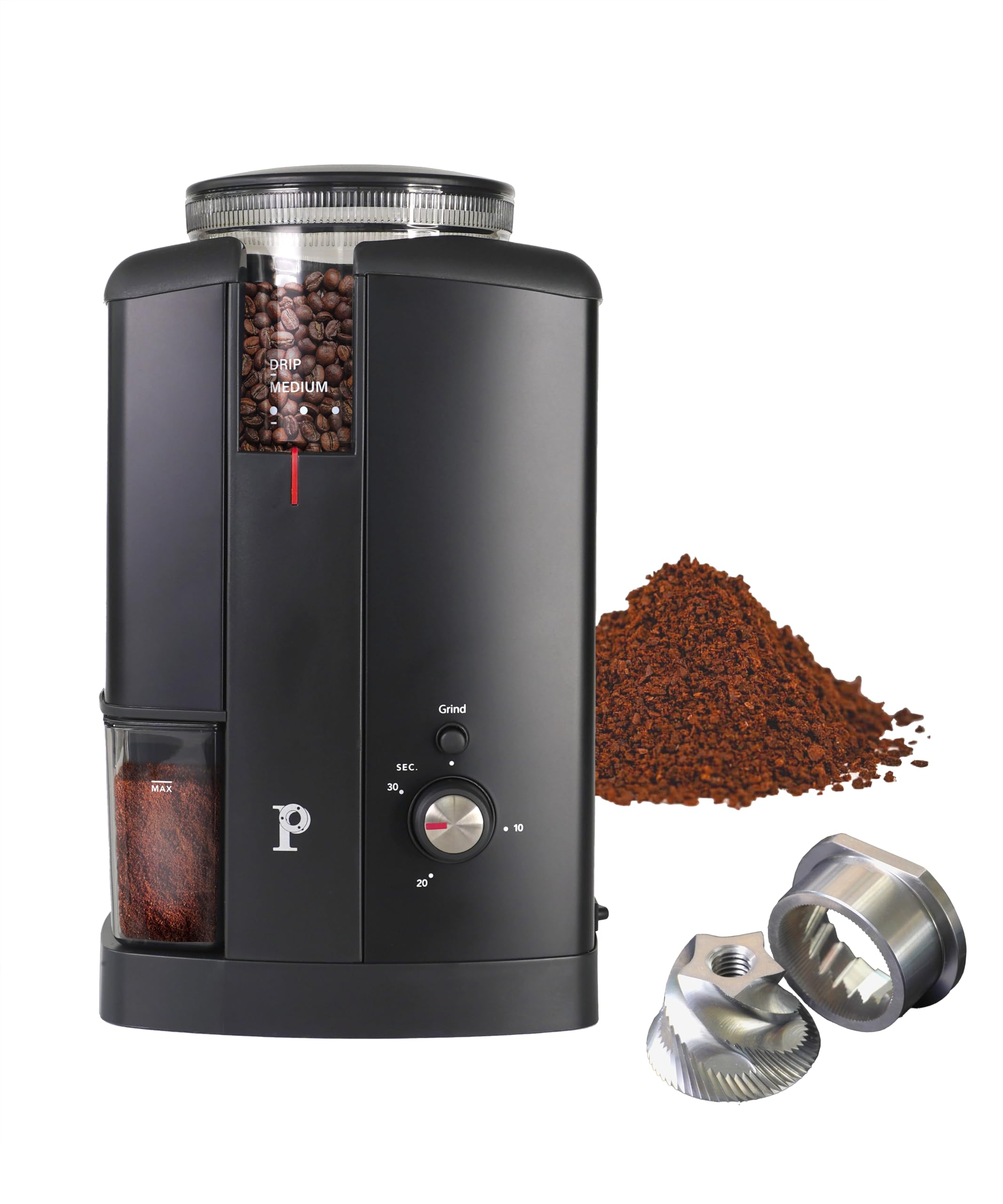 PALICO Aroma Coffee Grinder - 48mm Stainless Steel Conical Burrs, 17 micro-adjustable grind settings, 250g Bean Hopper Capacity, removable burrs &