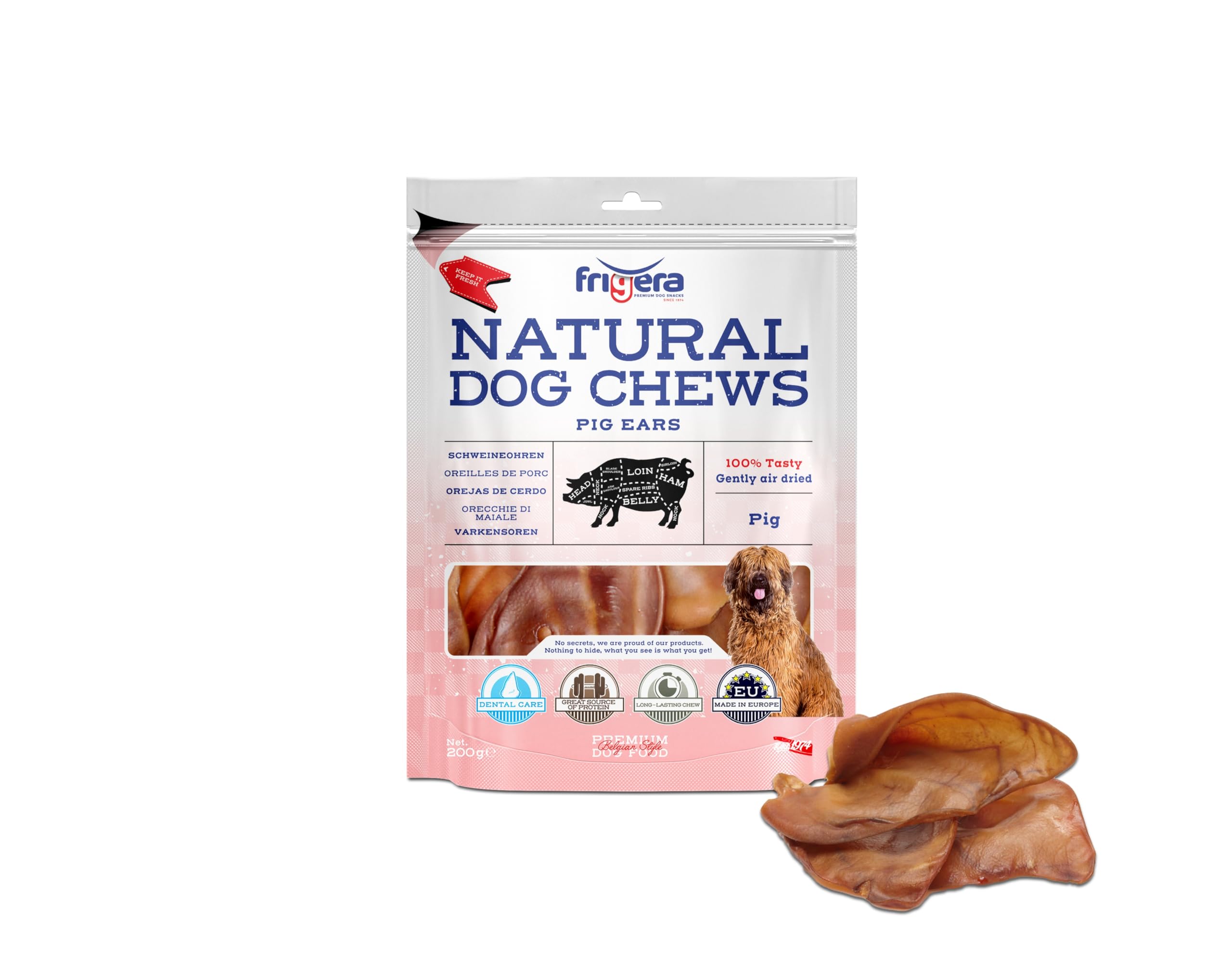 Frigera Orecchie di maiale 200 g – Deliziosi naturali ricchi di proteine per cani, senza glutine e cereali, a lunga durata.