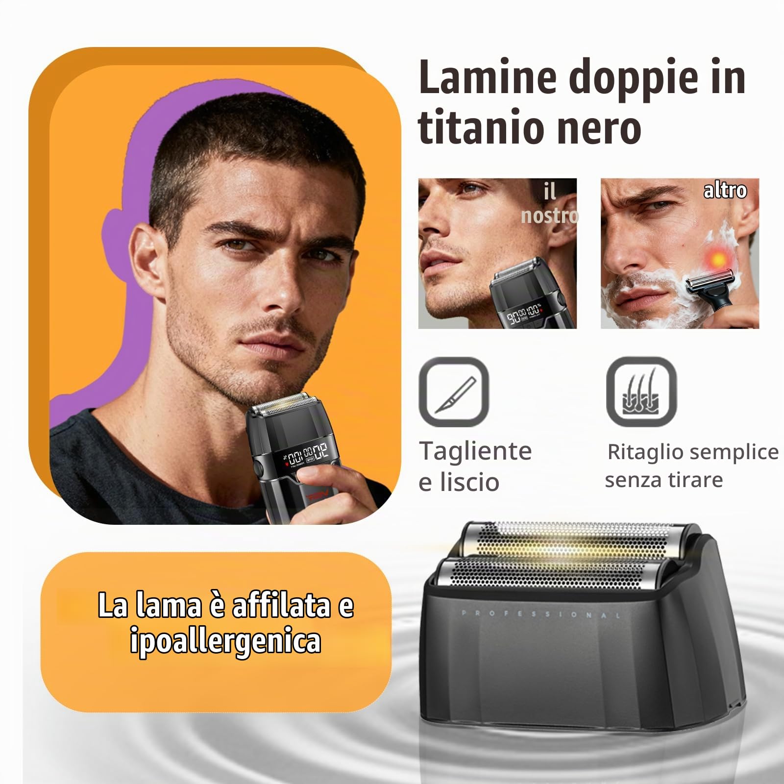 VGR 308 Rasoio Elettrico Barba Professionale Senza Fili, Foil Shaver con Lama a Doppio Strato in Titanio Floating E Motore da 9000RPM, Rasoio Barba Elettrico con Display LED, Ricarica USB, Oro