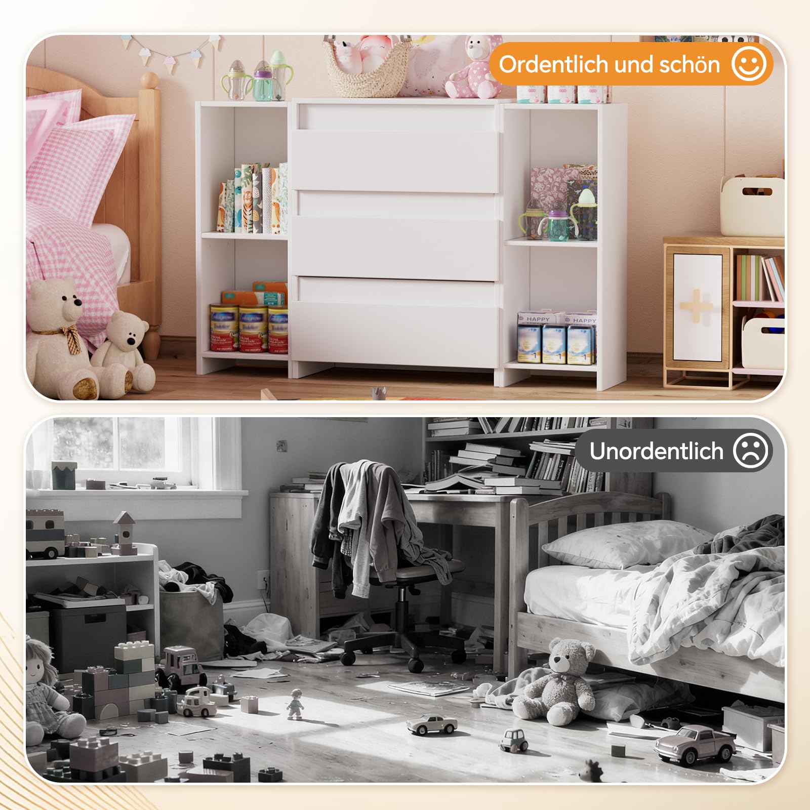 2-in-1 Wickelkommode mit abnehmbarem Wickelaufsatz,Baby Wickeltisch Weiß, Kommode mit 3 Schubladen & 6 Seitlichen Regalen, Viel Stauraum für Babyzimmer,73x70x85.8.6cm,Weiß