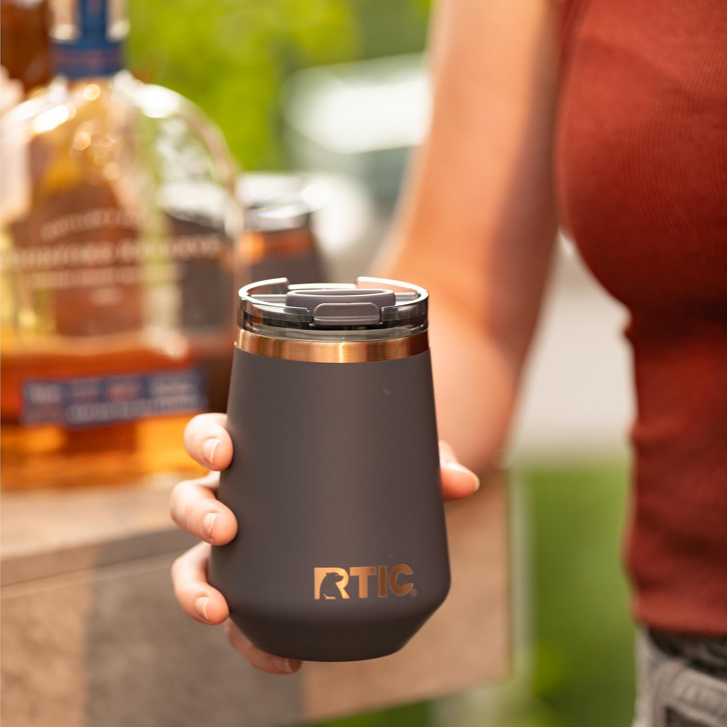 RTIC Happy Hour 12oz Wine Tumbler with Lid, Ceramic Lined, Stemless, Insulated, Stainless Steel Metal, Portable Travel Cup for Hot and Cold Drink, Light Black