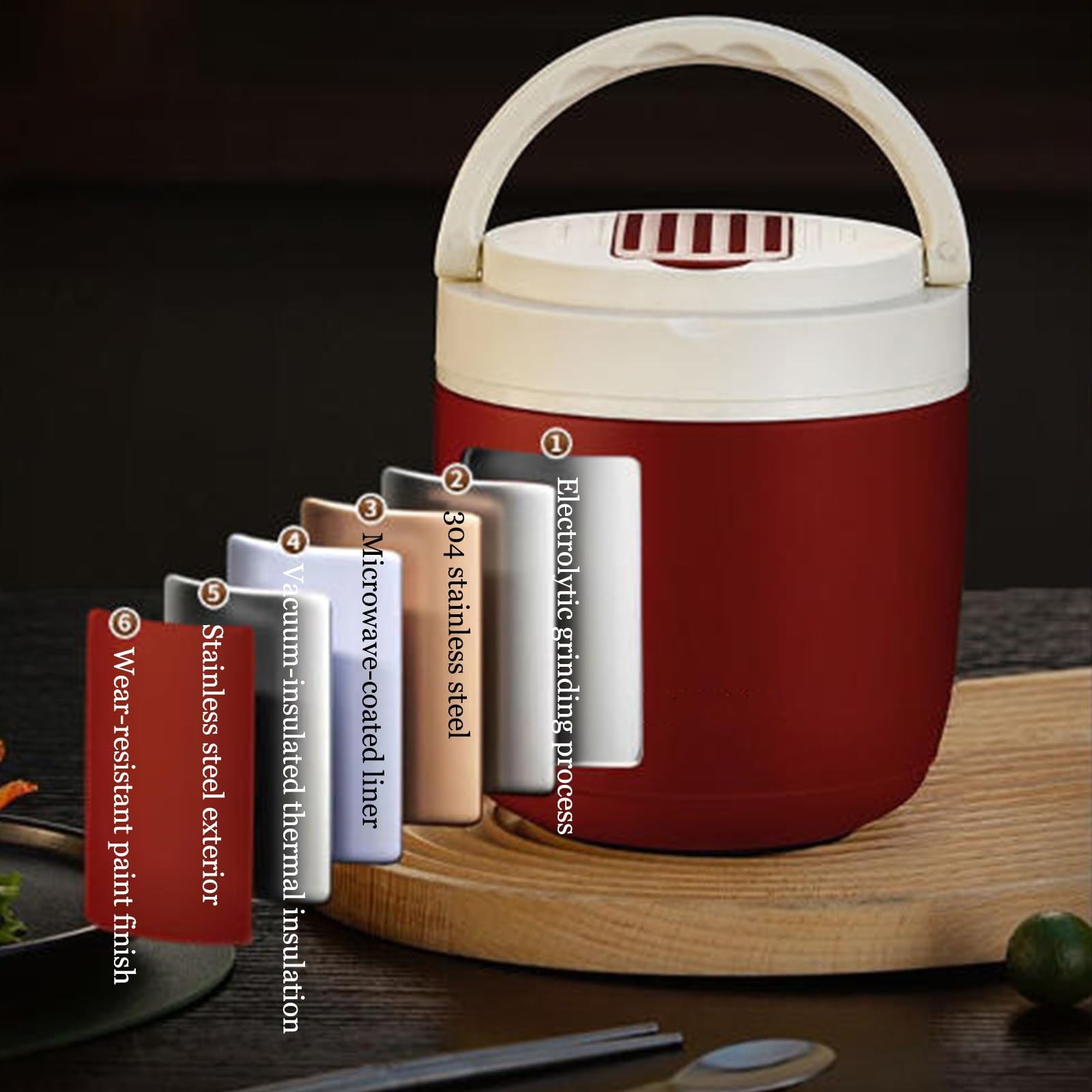 Vnook Isolierter Lebensmittelbehälter, Warmhaltebehälter, Lunchbehälter, 304 Edelstahl, mit Faltbaren Löffel und Thermotasche, für Speißen, Suppe, Brei, Joghurt(Red,1.2L)