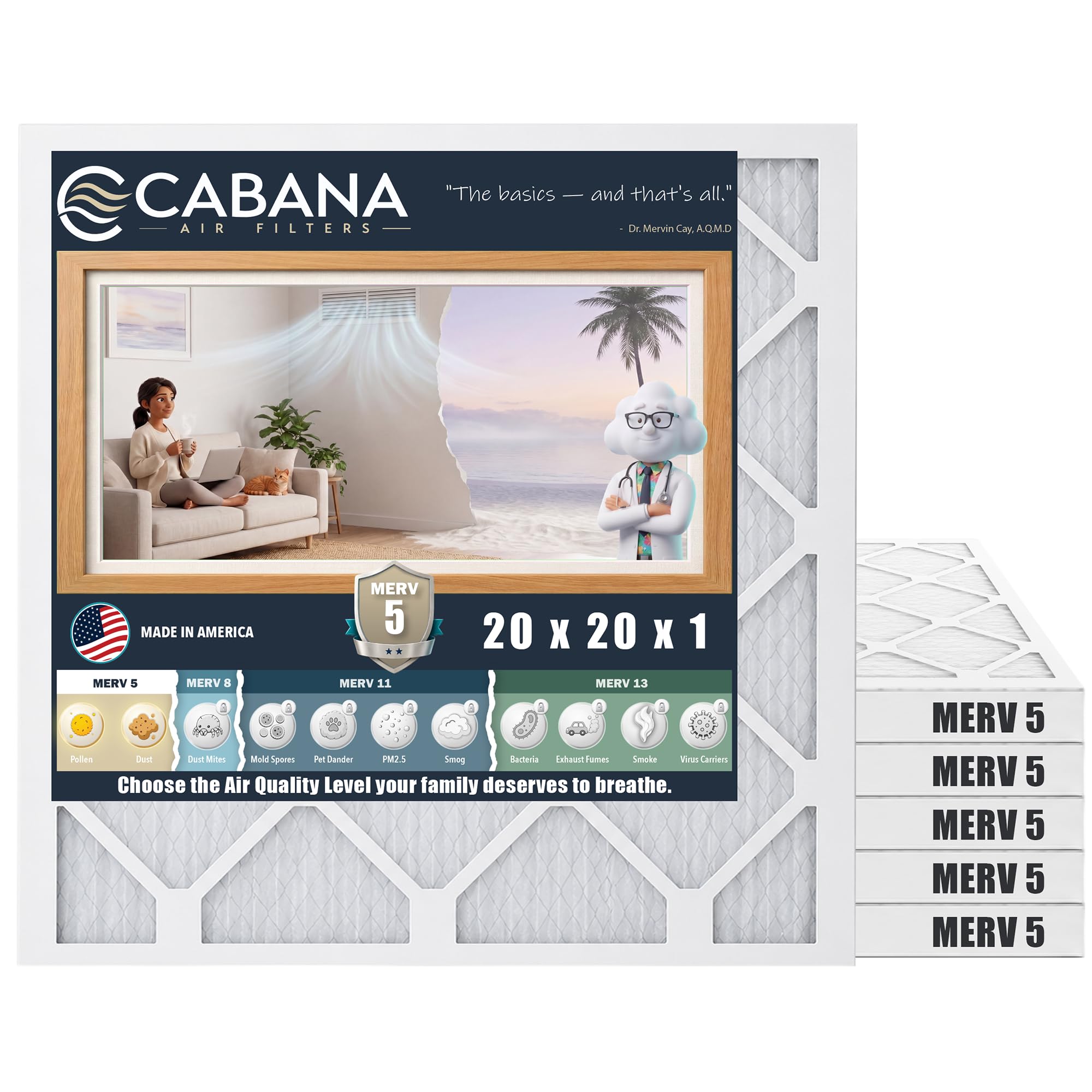 Cabana Filters MERV 5 Pleated AC Furnace Air Filter, 20x20x1 In, 6-Pack