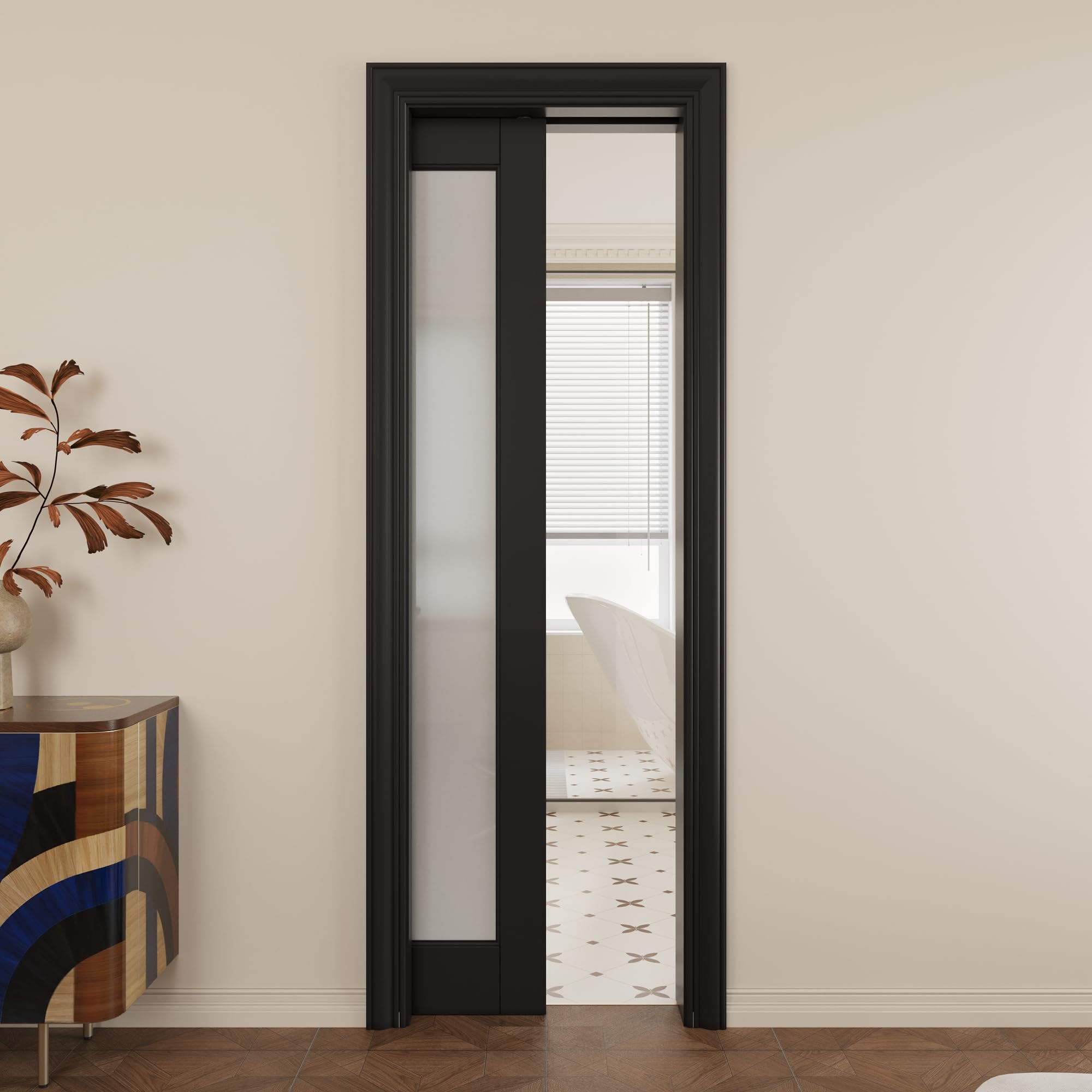 Double Pocket Door,Black Frosted Glass Doors,Solid Door,24x80