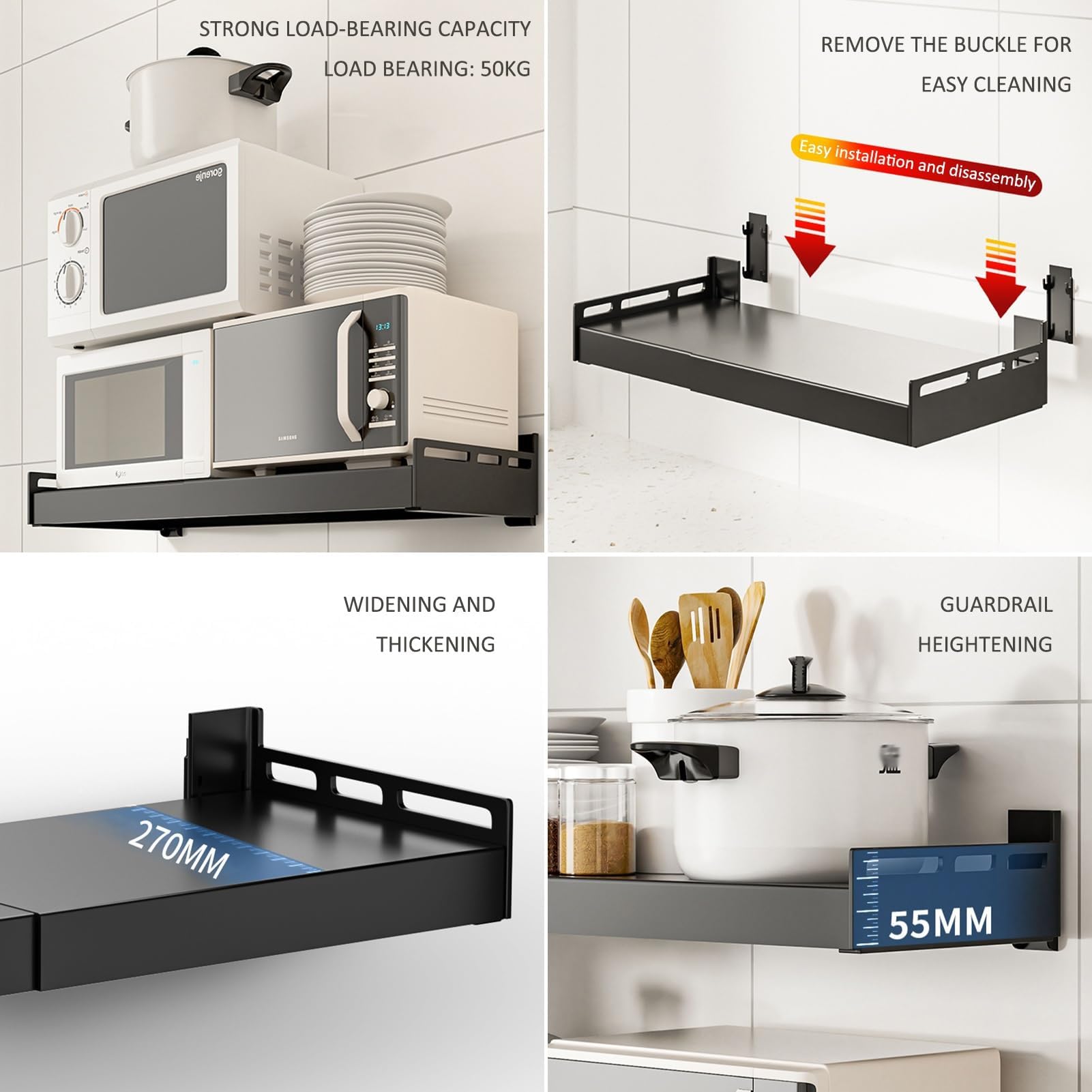 Soporte de pared ajustable para microondas,Estante metálico de cocina, montaje mural resistente para horno, electrodomésticos y almacenamiento