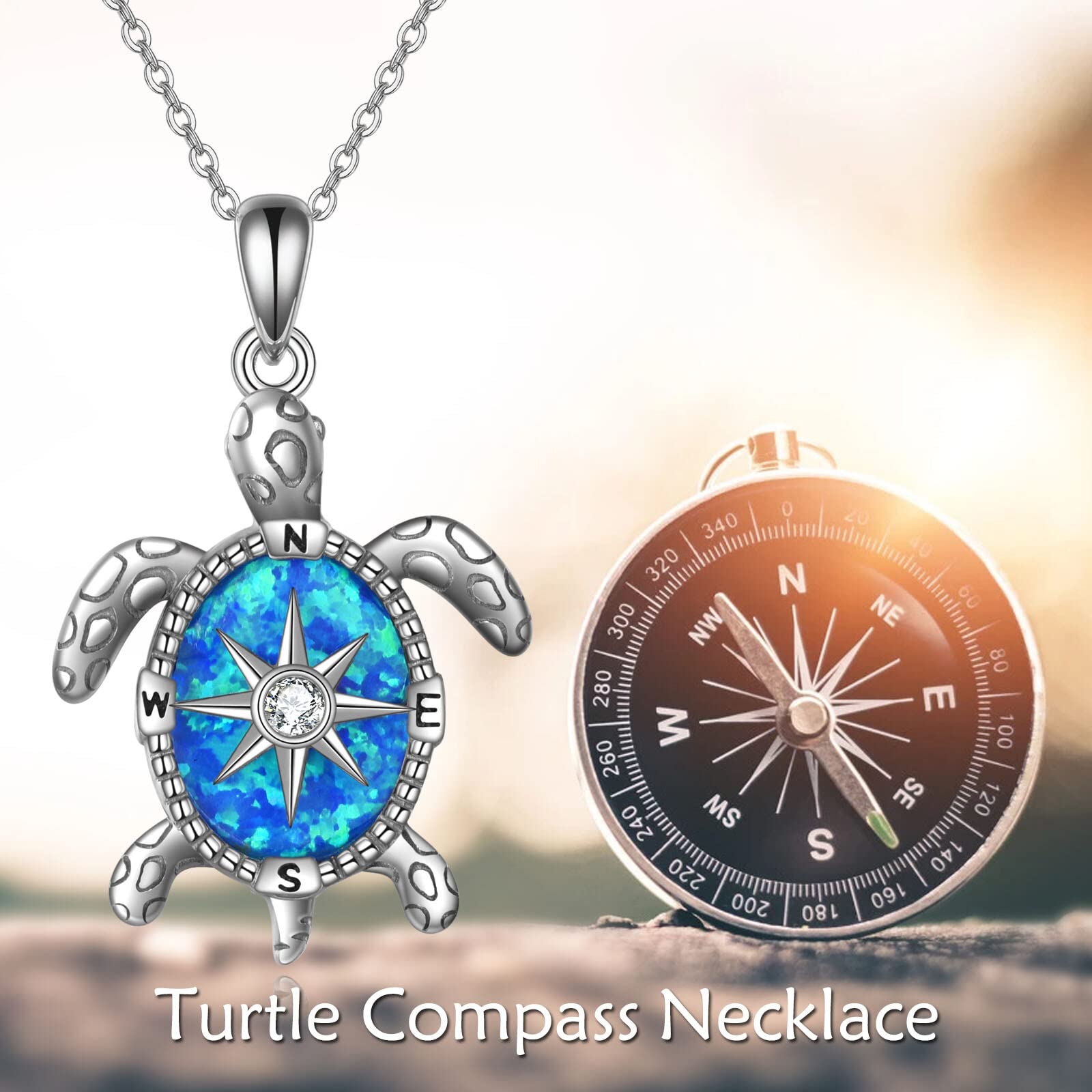 JERWLI Collar con brújula de ópalo azul, tortugas marinas para mujer, plata de ley, joyas para tortugas, collares de playa para niñas, amantes de los animales, regalos, Plata esterlina