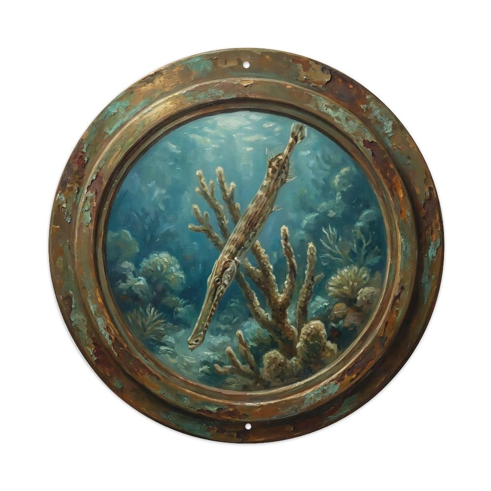 Vintage Porthole Trumpetfish Ship Window Undersea Deep Sea Metal Tin Sign