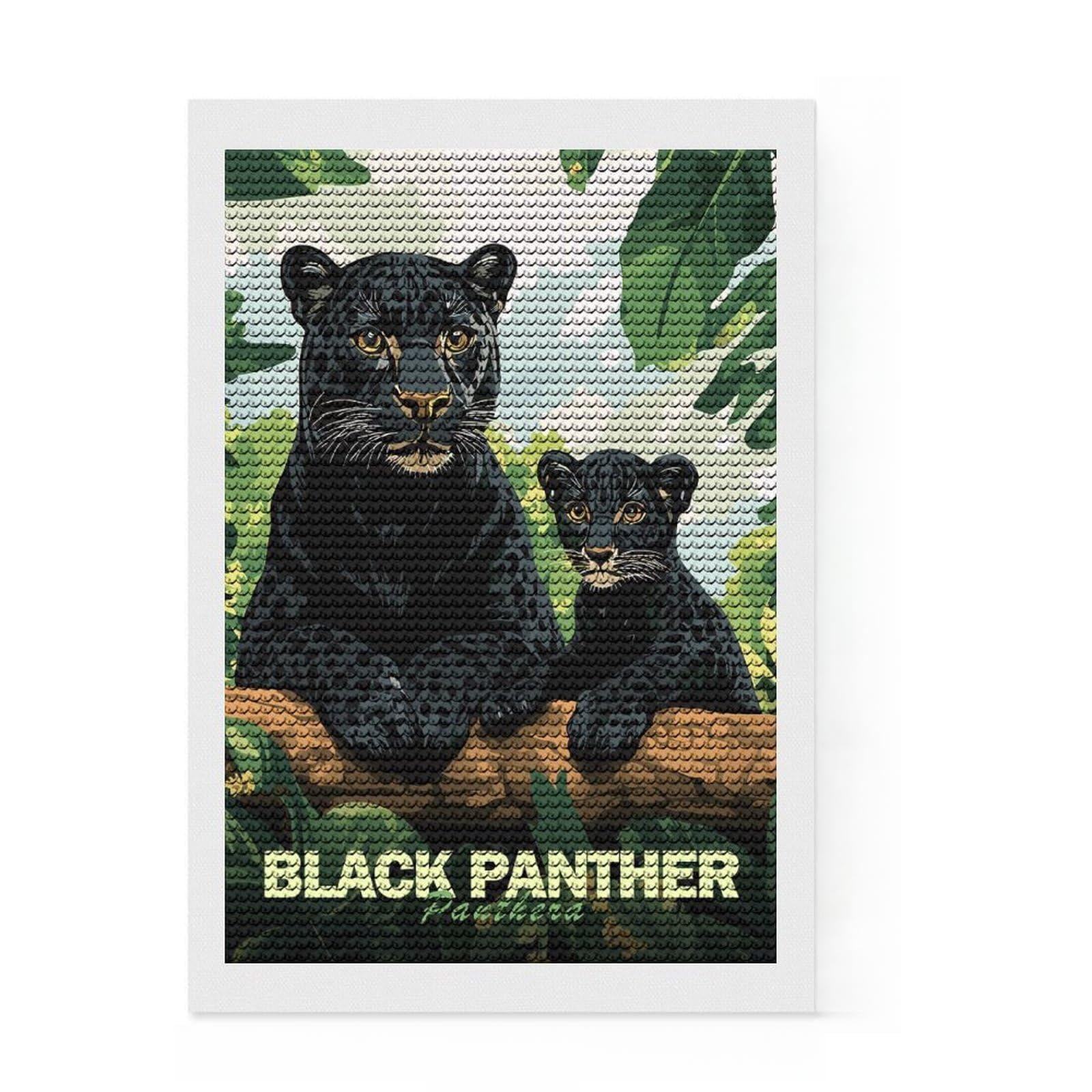 Junmoney Panther Family Diamond Painting Set 8"x12", for Craft Lovers, Complete Accessories, Birthday Gift, Bedroom Decor, with Tool Kit