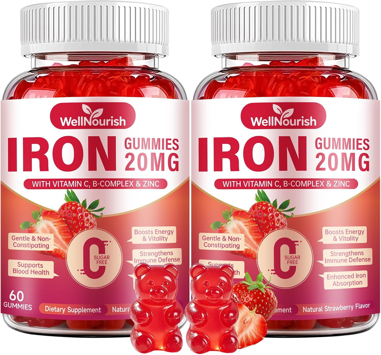 2 Pack Iron Gummies for Women & Kids, Sugar Free with Vitamin C, 20mg Gentle Iron for Whole Family, Non-Constipating, Blood Builder B12 & Folate, Energy Support, Strawberry 120 Count