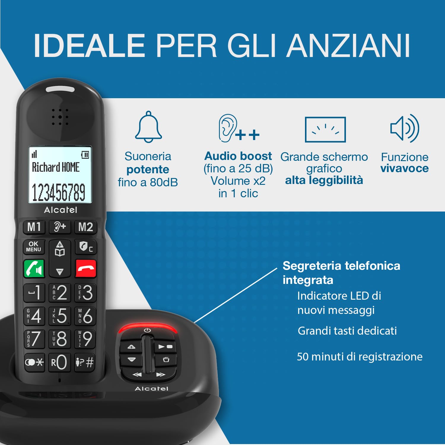 ALCATEL XL685 Voice Duo - Telefono fisso cordless DECT Senior Formato XL con segreteria - Display ad alta leggibilità - Tasti grandi - Audio Boost - Vivavoce - Blocco chiamate - 2 portatili - Nero