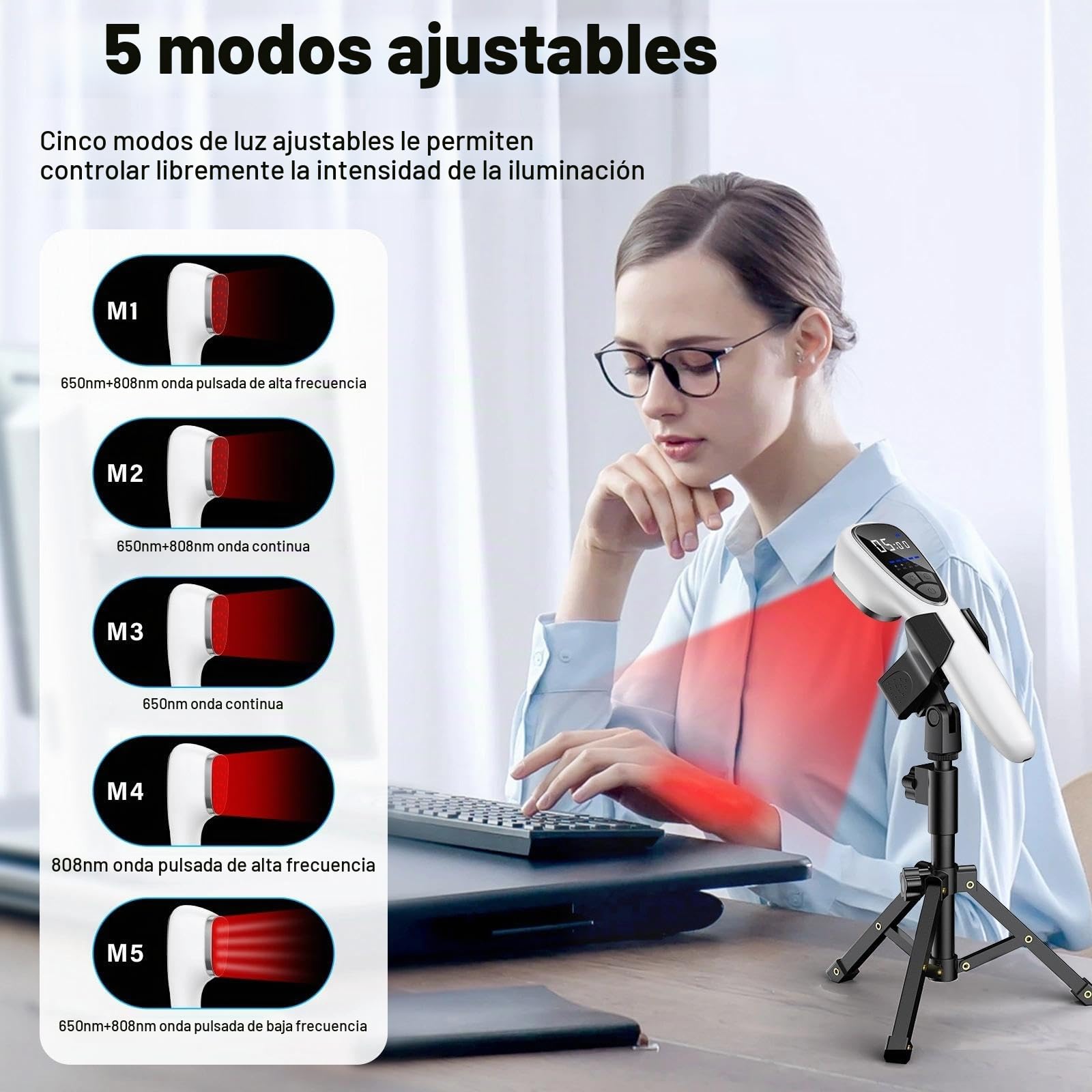 Dispositivo Luz Roja 650nm & 808nm con Soporte – Lámpara Infrarroja Inalámbrica con 5 Modos y Timer para Relax Muscular, Espalda, Cuello y Recuperación Deportiva