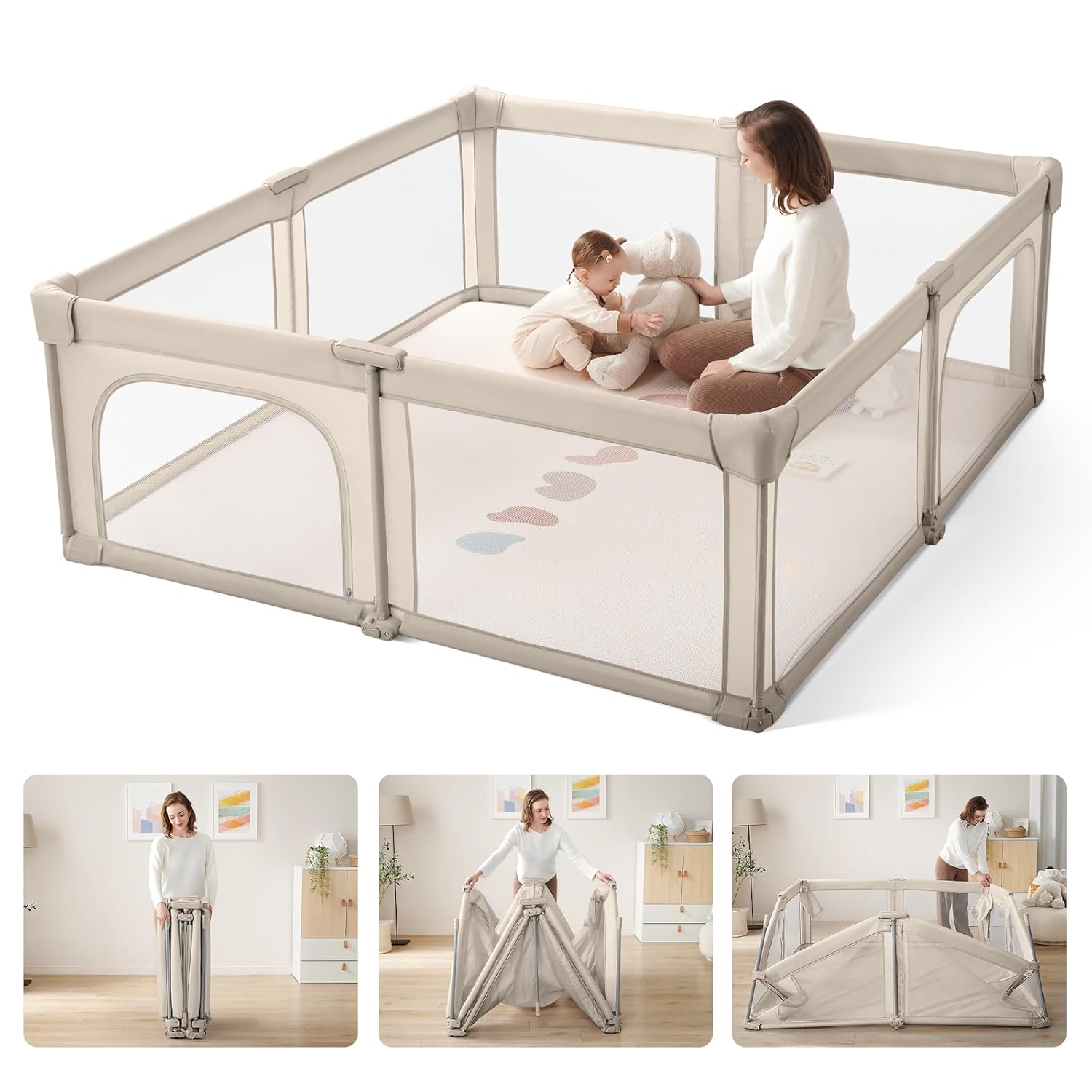Baby Playpen Portable, Pre-Assembled Play Pen 71×79 Large Foldable Playpen for Babies and Toddlers, Sturdy and Safe Toddler Play Yard Indoor Outdoor with Carry Bag, Light Khaki