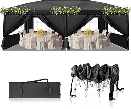 10x20ft Pop Up Canopy Tent, Portable Shelter with 6 Sidewalls4 Windows, Instant Setup Sun Shade for Outdoor Events, Beach, Commercial Use Black