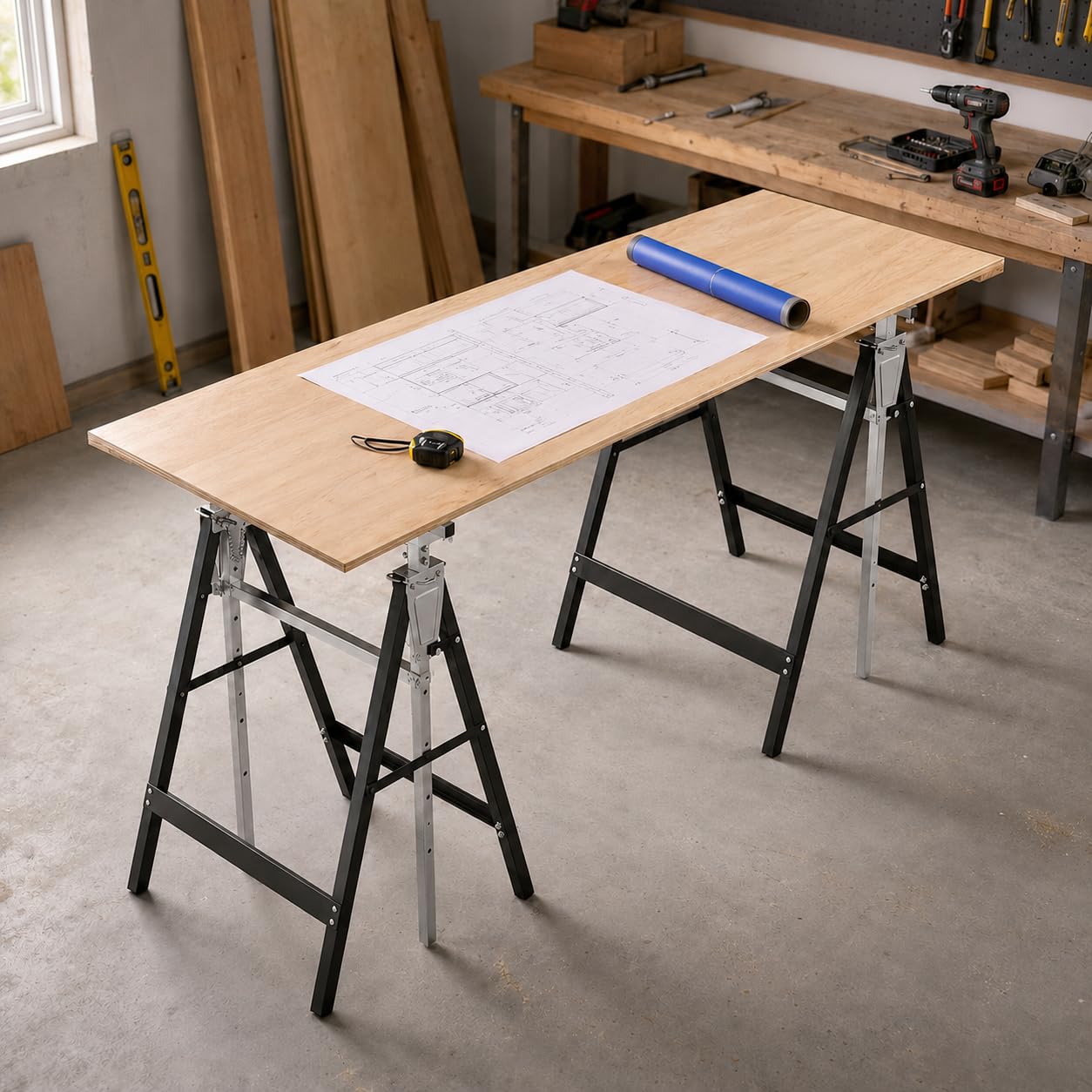 2x Gerüstbock Klappbock, Unterstellbock 7-fach höhenverstellbar 80-130 cm, Tragkraft 200 kg, Böcke Klappbar, Teleskop-Arbeitsbock, Schwarz Silber