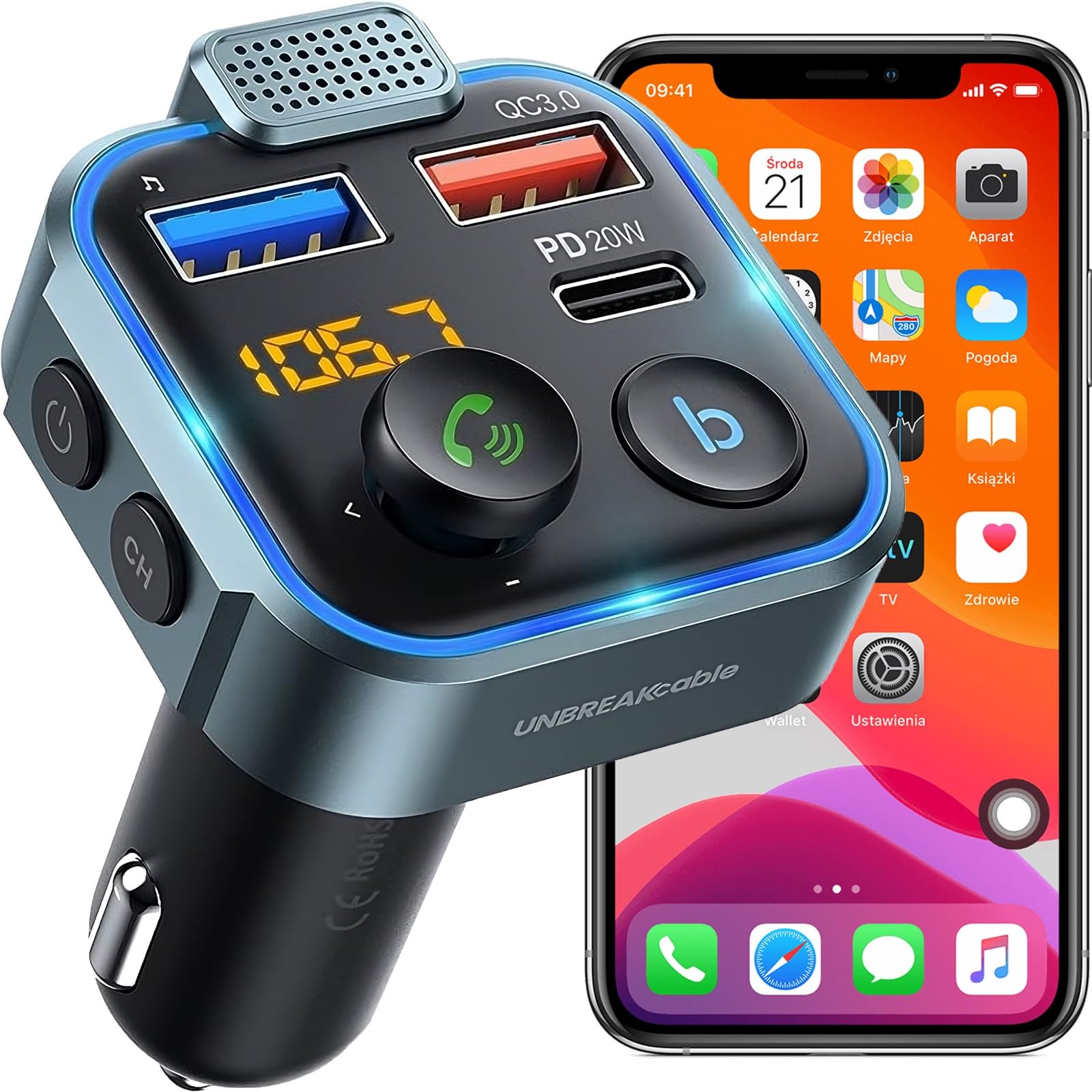 Retoo FM Transmitter Bluetooth 5.0 Auto Radio, Empfänger Adapter, Auto Ladegerät mit Dual USB Aufladung