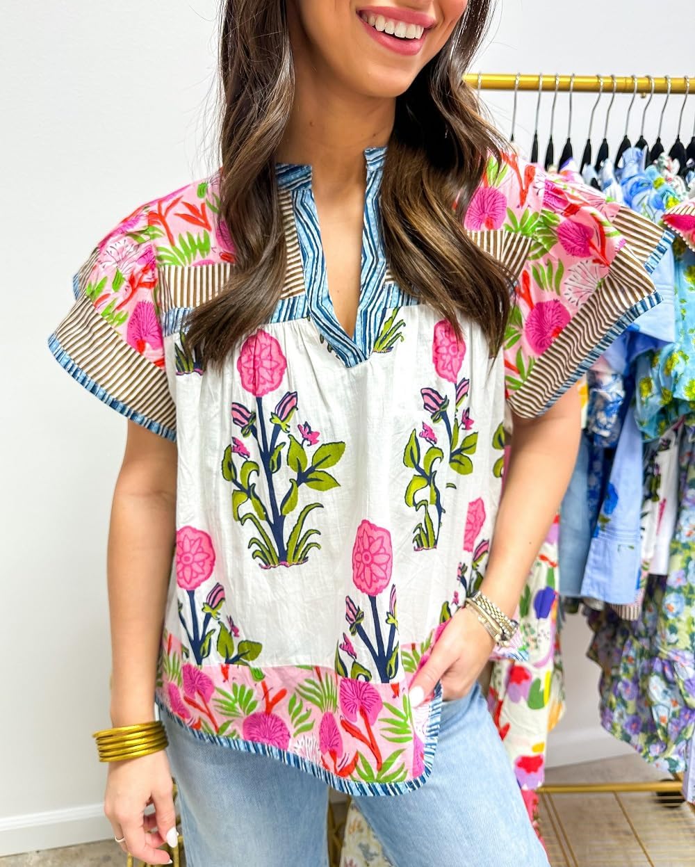 Women Floral Patchwork Short Sleeve Shirt Boho Flutter Sleeve V Neck Peplum Blouse Tops Summer Y2k Babydoll Tank Top - Image 3