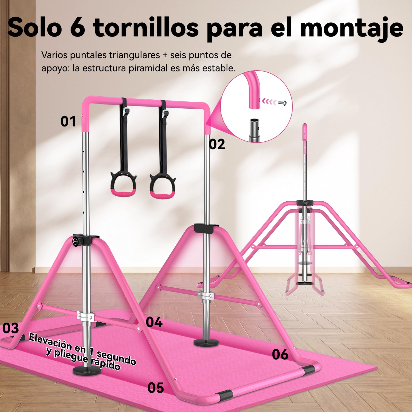 WATBKHE Barra de Gimnasia para niños, Ajustable y Plegable, Barra de Entrenamiento con Anillos, Barra Horizontal Resistente para niños y niñas