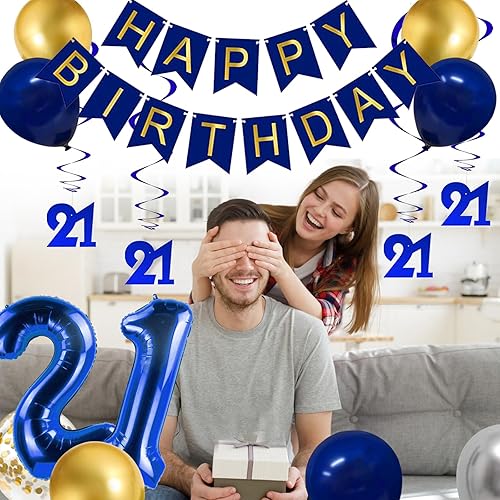 Miniatura 4 de BRT Bearingshui Decoraciones de fiesta de cumpleaños número 21 azul y dorado, pancarta de feliz cumpleaños, globo de aluminio del número 21,