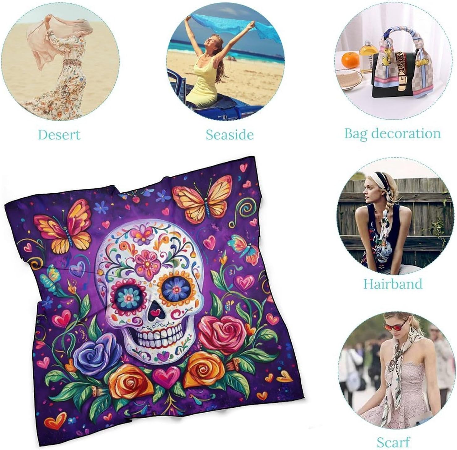 Butterfly Skull Bandana Fashion Head Scarf Square Silk Scarf Print Neck Hair Scarfs for Women Men Gifts