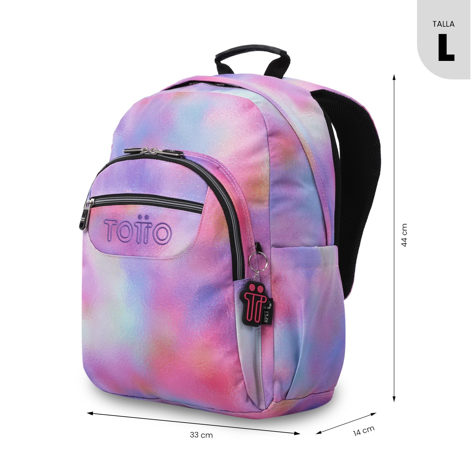 TOTTO - Mochila Escolar Adaptable a Carro, Modelo Acuareles Glitter, Capacidad 20 L, Bolsillo para Pc 14", 2 Bolsillo Botella, Espaldar Ergonómico con Flujo de Aire, Correas en S, Estampado Bloom