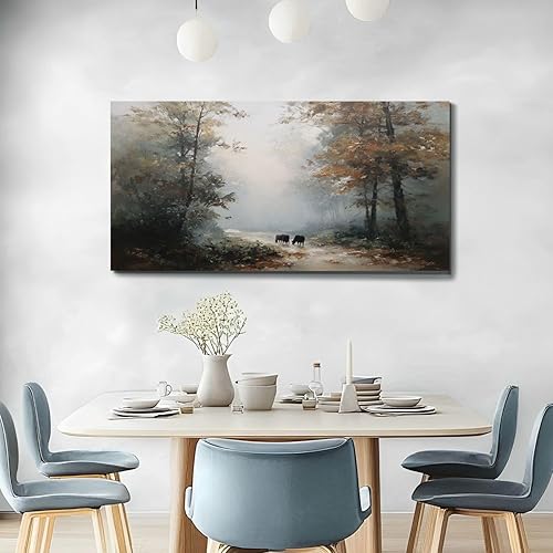 Miniatura 4 de 20"x 40" Fall Canvas Wall Art Highland Cow Vintage Vintage Landscape Autumn Rustic Framed Pictures Painting Print Large Wall Art for Living Room