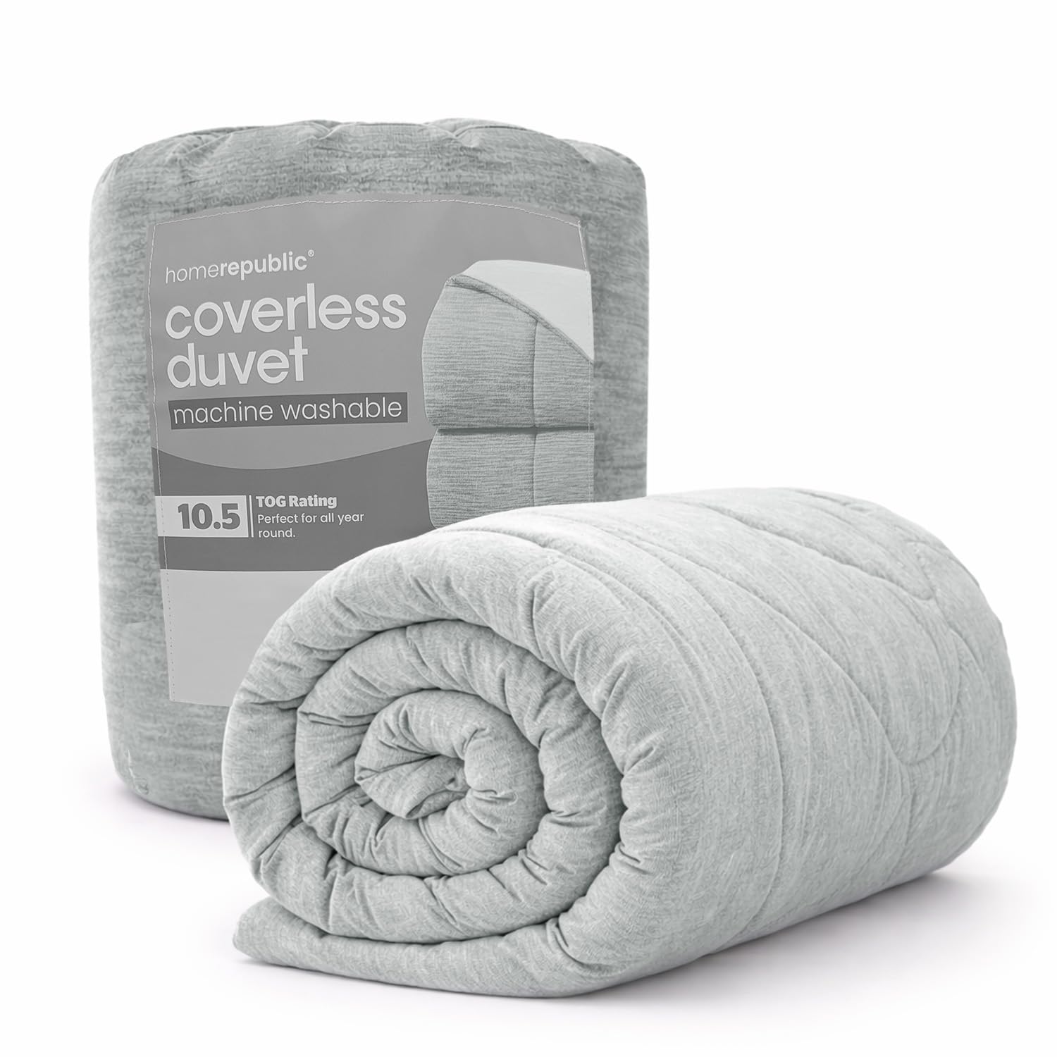 Home Republic Coverless Quilt 10.5 Tog All Season Duvet, No Duvet Cover Needed, Soft Quilted Microfibre, Easy Care, Machine Washable, Year-Round Comfort (Grey, Single)