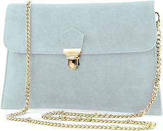 modamoda de - T206 - ital pochette in pelle scamosciata con catena in oro, blu ghiaccio, Small