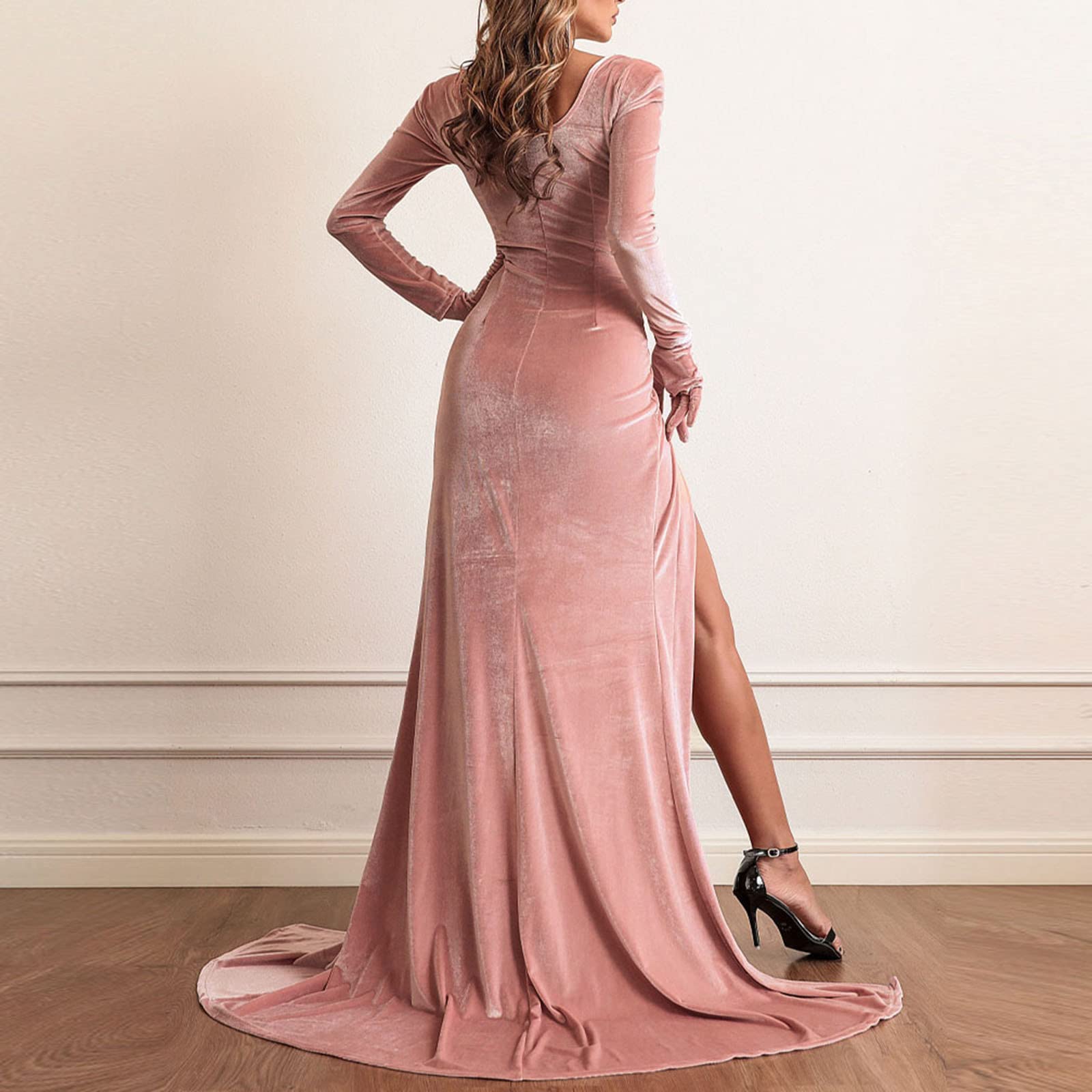 Vestidos de noche para mujer, elegantes para boda, vestido largo de fiesta, vestido de satén, monocolor, bandaau de manga larga, cintura alta, ajustados, con abertura lateral, vestido largo hasta los