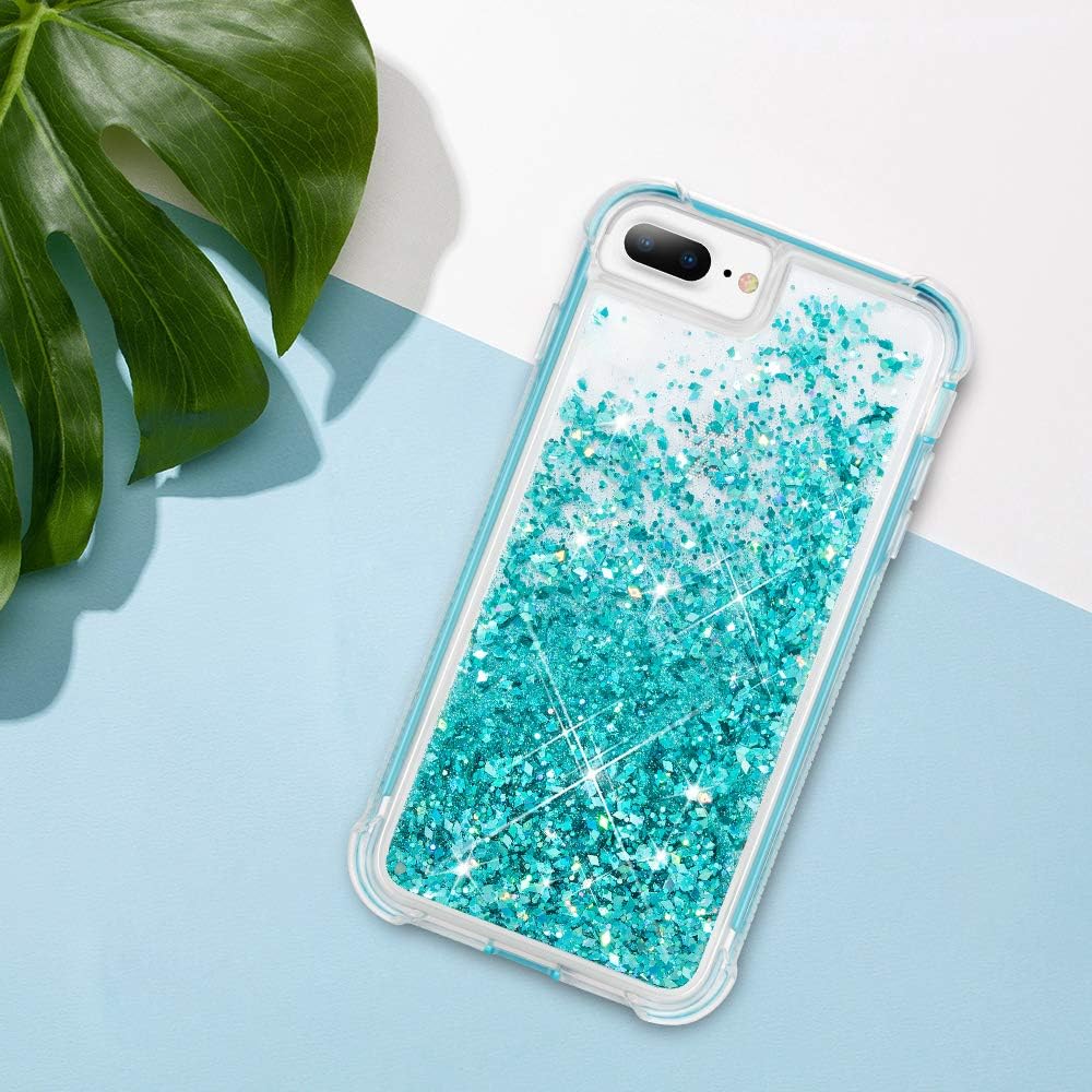 Caka iPhone 8 Plus Case, iPhone 7 Plus Glitter Full Body Case Built in Screen Protector Bling Sparkle Floating Liquid Girly Women Protective Case for iPhone 6 Plus 6s Plus 7 Plus 8 Plus (Teal)