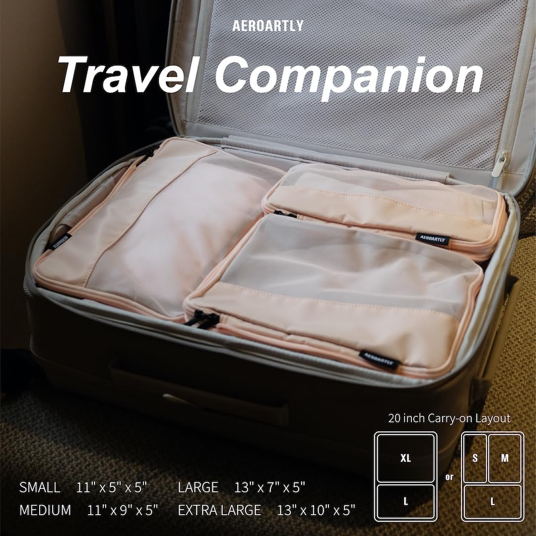Compression Packing Cubes for Travel, Carry On Suitcase Organizer, Travel Essentials for Women and Men, Travel Bags for AEROARTLY Luggage, Holiday & Birthday Gifts Bags (4PC Set, Beige)