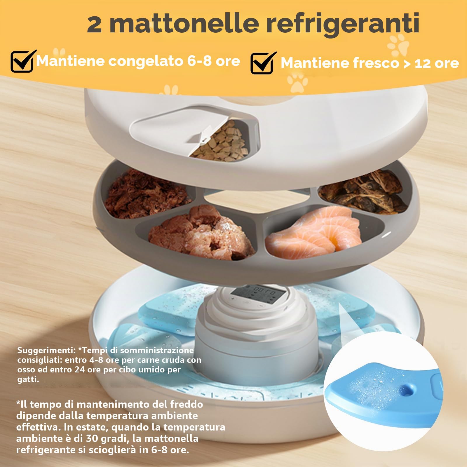 Distributore Automatico Cibo Gatti Umido Dispenser Crocchette Gatto Refrigerante senza Fili con Timer Programmabile, 6 Pasti Freschi