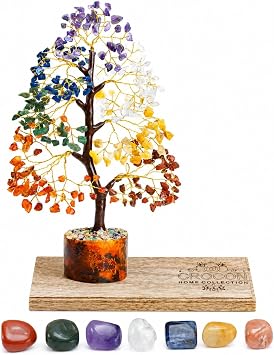 Crocon 7 Chakra Tree of Life Crystal with Seven Chakra Tumbles Wooden Tray | Birthday Gifts for Women, Men & Friends Handmade Gemstone Tree Gift set Crystal Home Decorations unique Spiritual Gifts