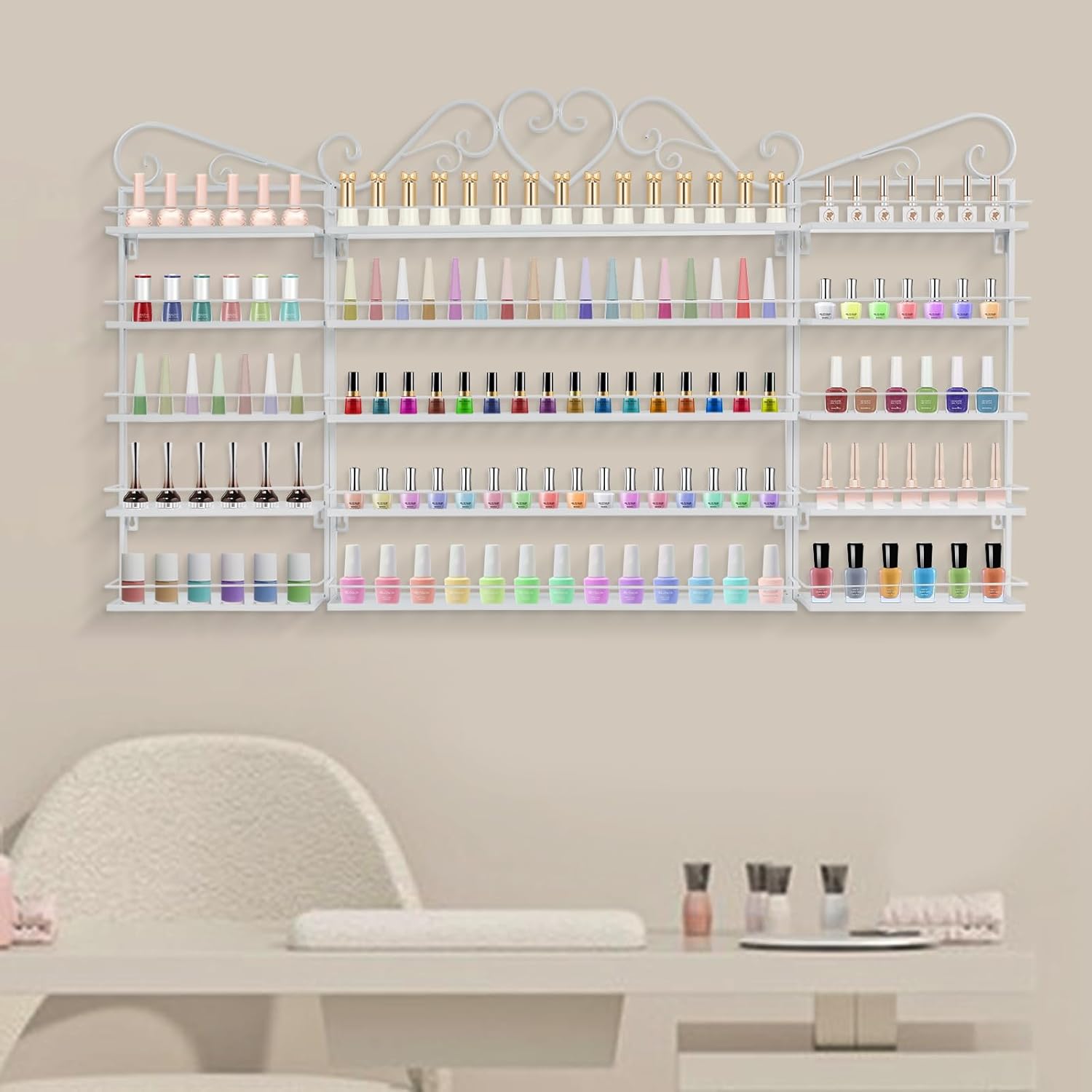 5 Tiers Wall-Mounted Nail Polish Storage Racks Metal Nail Polish Holder Cosmetic Display Case Lipstick Perfume Wall-Mounted Shelf for Home Spa Nail Salon Shop