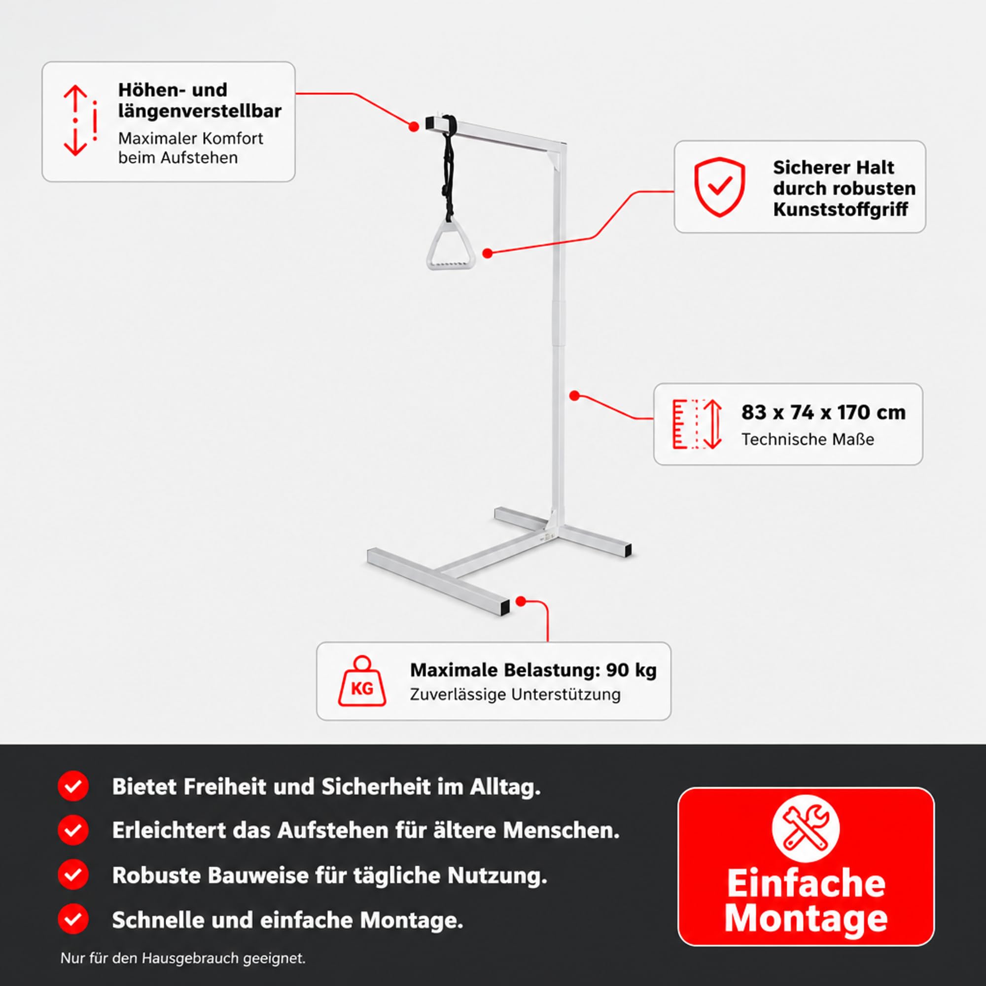 ATC Handels GmbH Elevador de cama, fuelle de cama, ayuda para levantarse – Altura 170 cm – Carga máxima aprox. 90 kg – Altura y longitud ajustable al levantarse