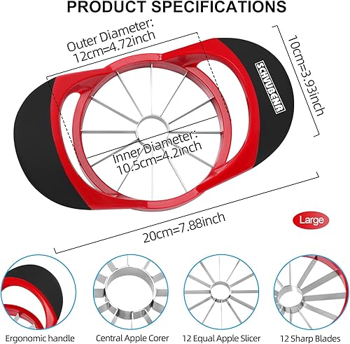 Miniatura 8 de Cortador de manzana grande de 4.72 pulgadas con 12 cuchillas, cortador profesional de manzana, descorazonador de manzana de acero inoxidable,