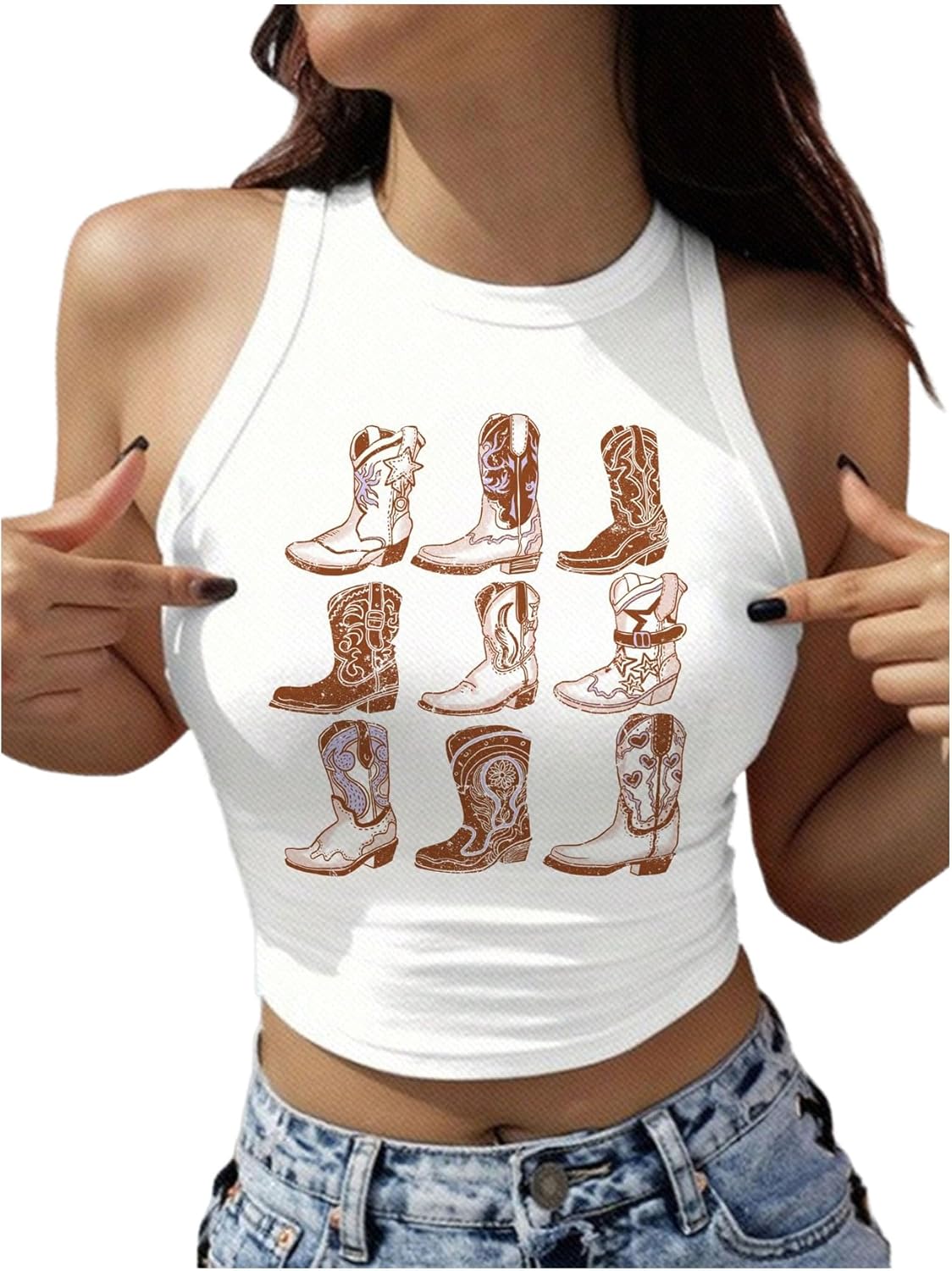 WDIRARA Women's Graphic Sleeveless Crop Tank Tops Crew Neck Western Rodeo Cowgirl Shirt