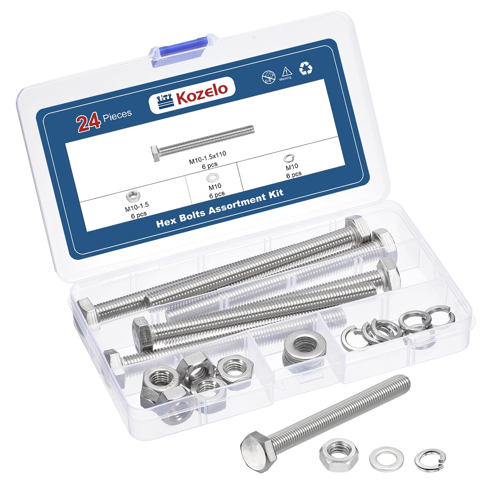 Kozelo 24 Pcs Bolts and Nuts Washers Kit - [M10-1.5x110] 304 Stainless Steel Hex Tap Bolt Assortment Fully Threaded Hexagon Head Machine Bolts Right Hand External Hex Drive, Silver Tone — image 1
