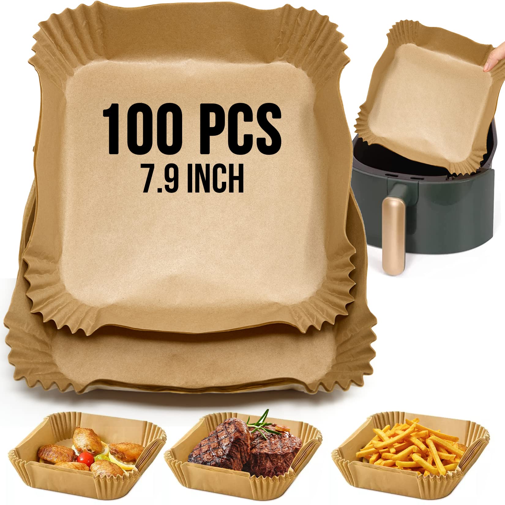 Pips - 100pcs, 7.9 Inch Disposable Air Fryer Liners, Square for 4.3-8L Basket. Free Recipe Download. 100% Biodegradable, Non Stick, Greaseproof, Unbleached Liners. Baking Parchment. Oven Safe.