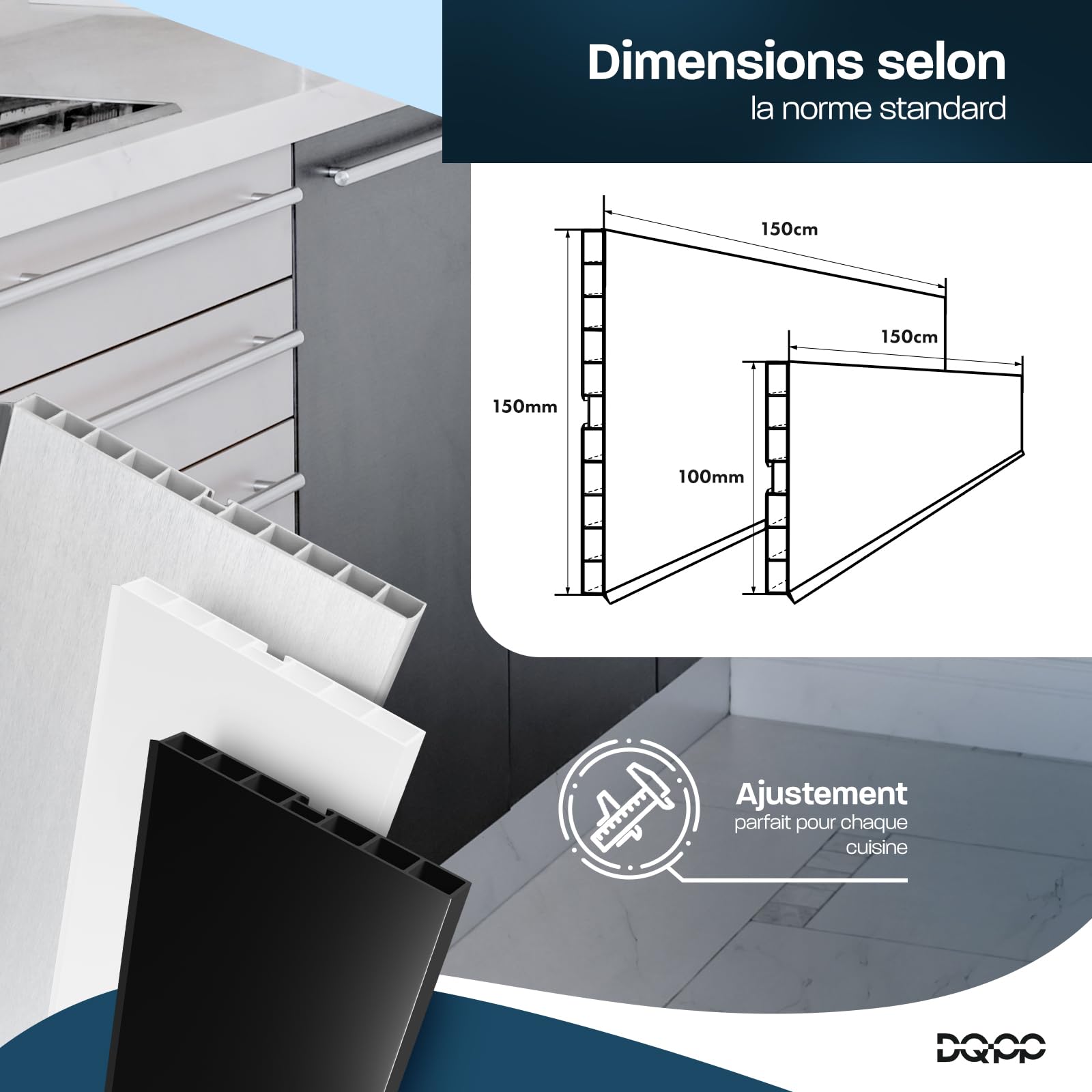 DQ-PP Plinthe Aluminium Brossé 4,5 m x 150 mm - Socle de Cuisine pour Cuisine Encastrable