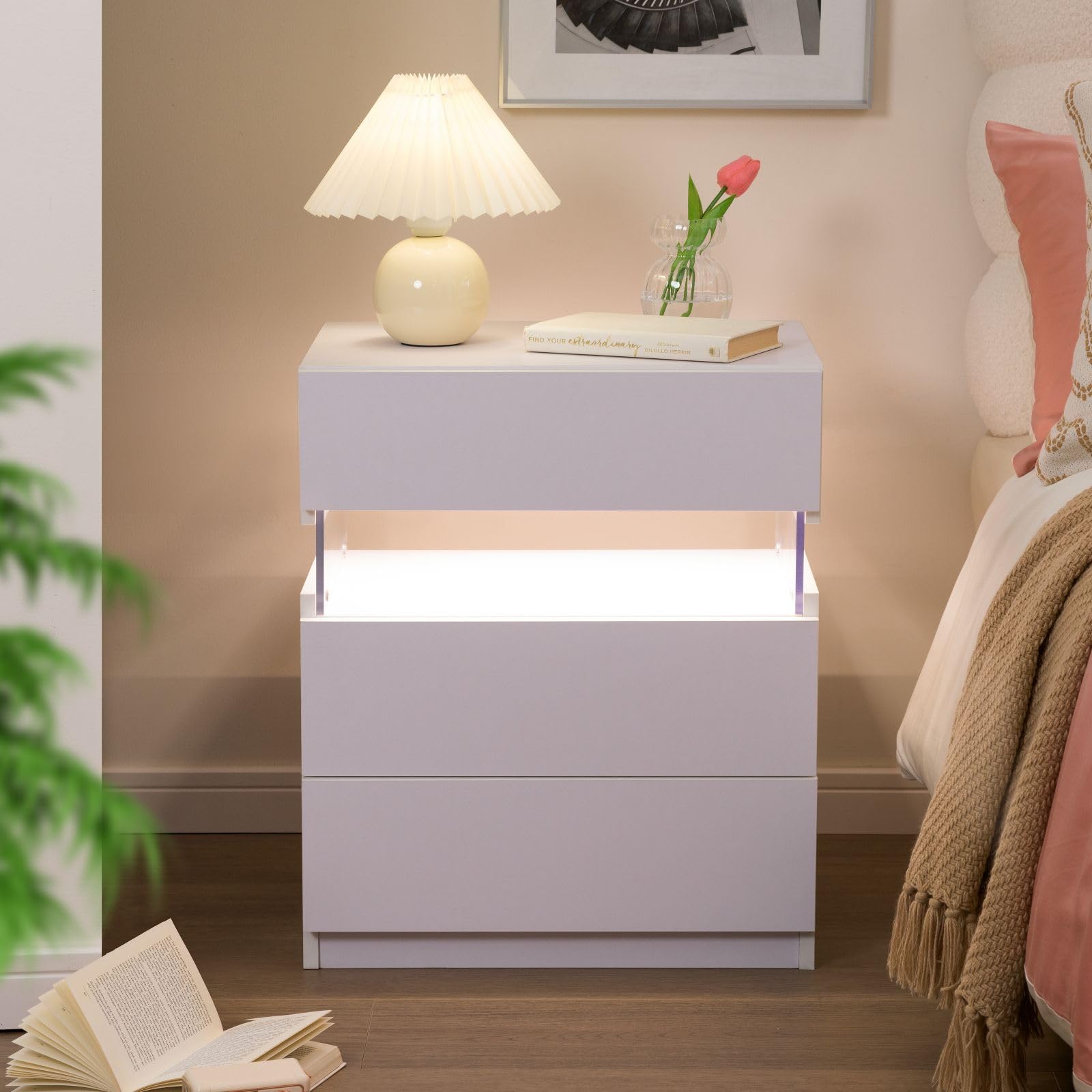 Cubehom Nachttische mit LED-Beleuchtung Weiß Nachttisch Nachtschrank mit 3 Schubladen Nachtkommode für Schlafzimmer, Weiß