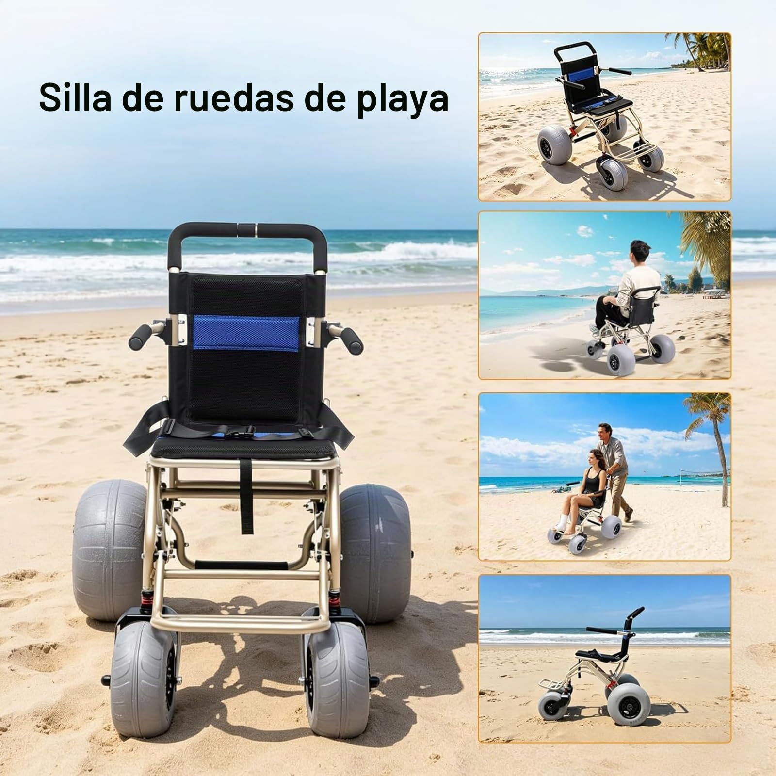 Silla De Ruedas De Playa Con Neumáticos De Globo, Silla De Ruedas Todo Terreno, Plegable, Impermeable, Para Acceso a Playa, Césped, Grava Y Agua, Transporte De Viaje Para Personas Mayores