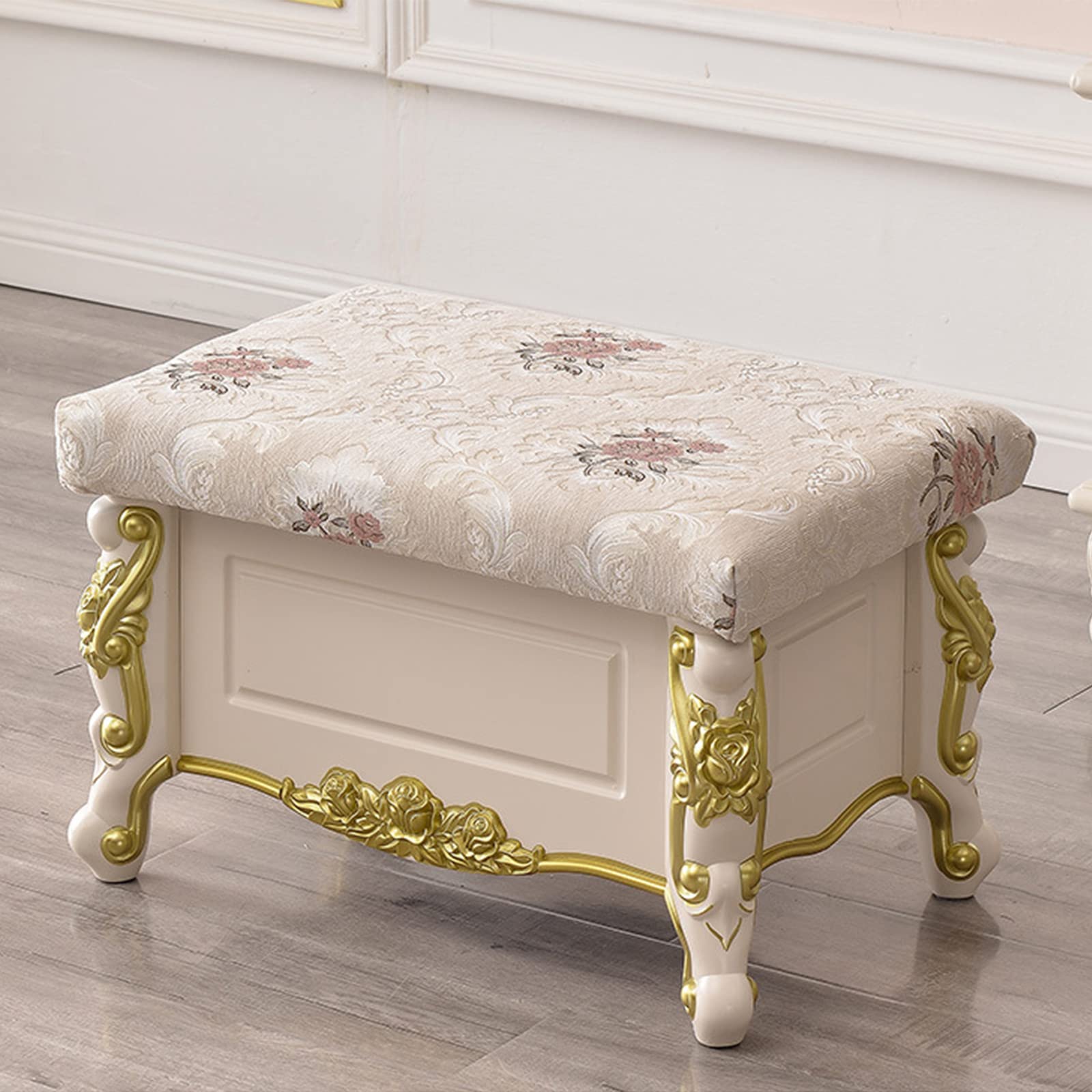 Luxueux pouf de rangement en jacquard beige pour chambre