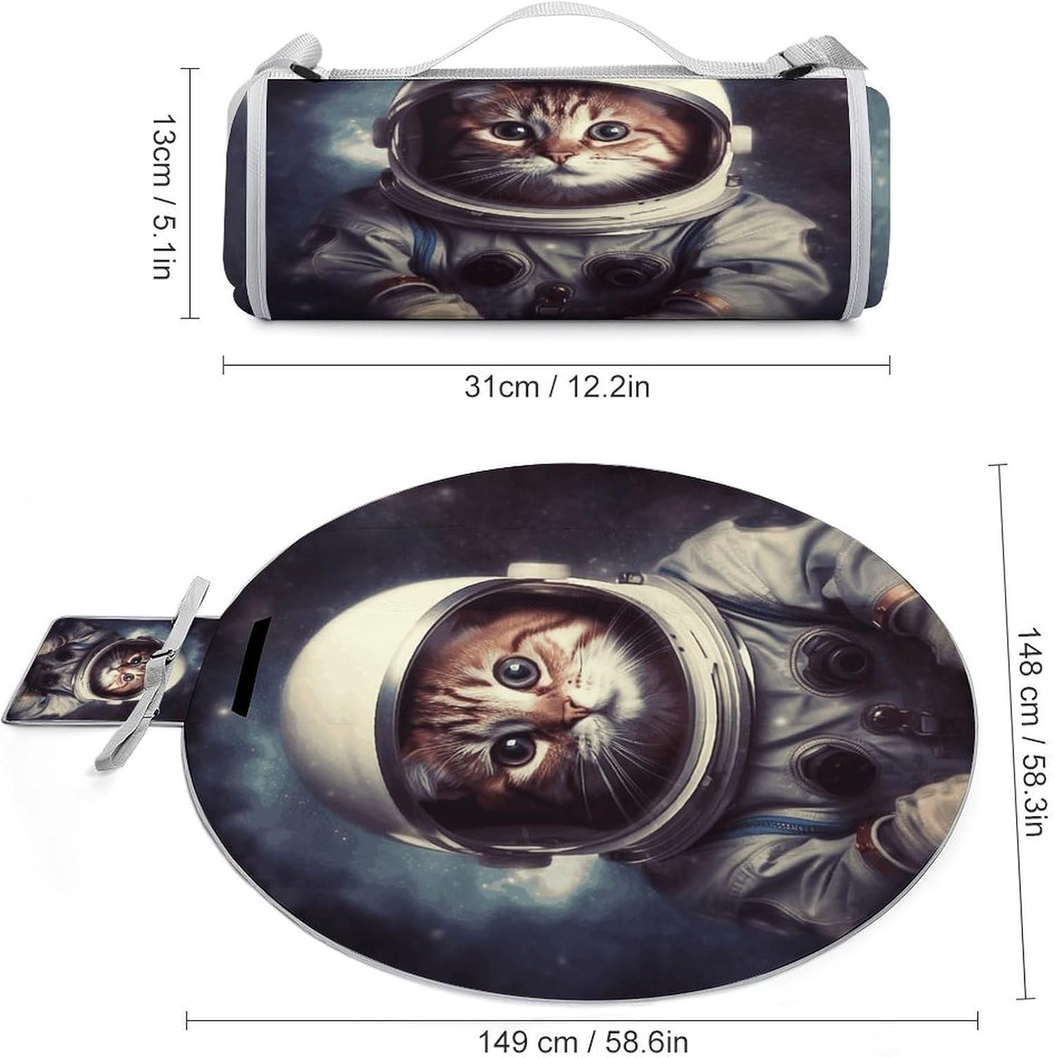 Animal Cat Astronaut Picnic Blankets, 3 Layer Picnic Mat,Foldable Lightweight Camping Blanket for Camping, Hiking,Beach,Grass