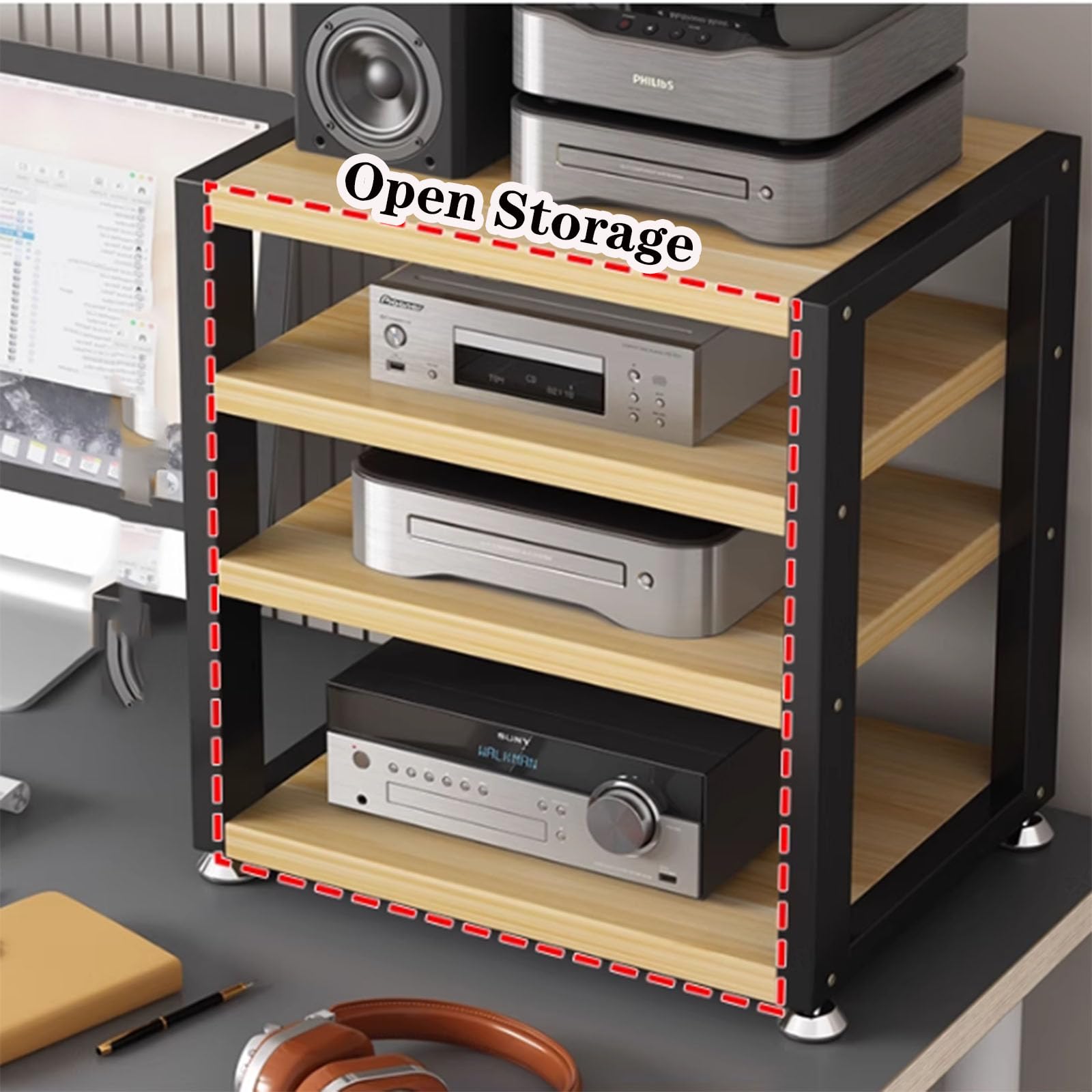 Nowoczesna szafka stereo 4-poziomowy stojak audio do salonu pokoju gier sypialni studia nagraniowego - stylowy sprzęt do przechowywania odtwarzacza multimedialnego na biurko