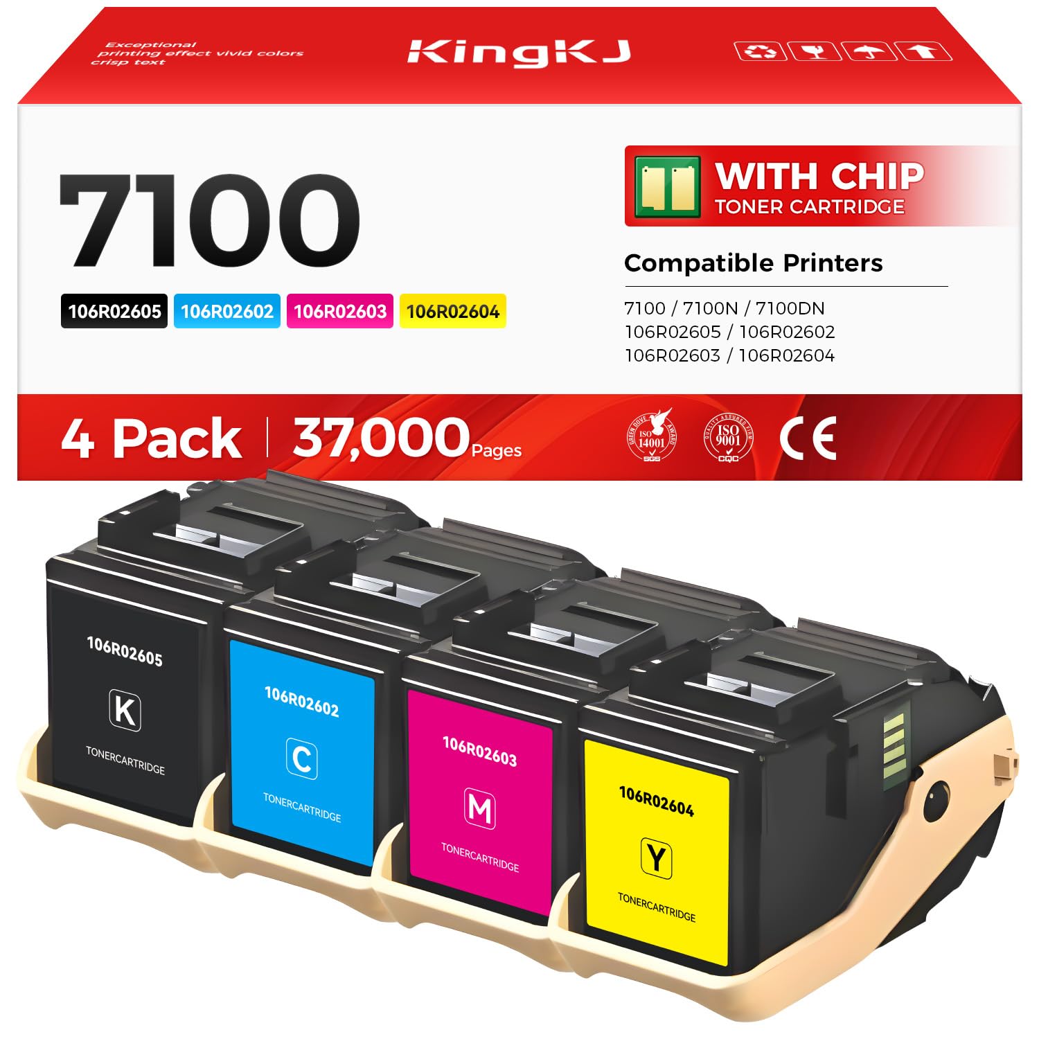 Phaser 7100 High Capacity Toner Cartridge Set 4-Pack Replacement for Xerox 106R02605 106R02602 106R02603 106R02604 Compatible with Xerox Phaser 7100 7100N 7100DN Printer Ink Black Cyan Magenta Yellow