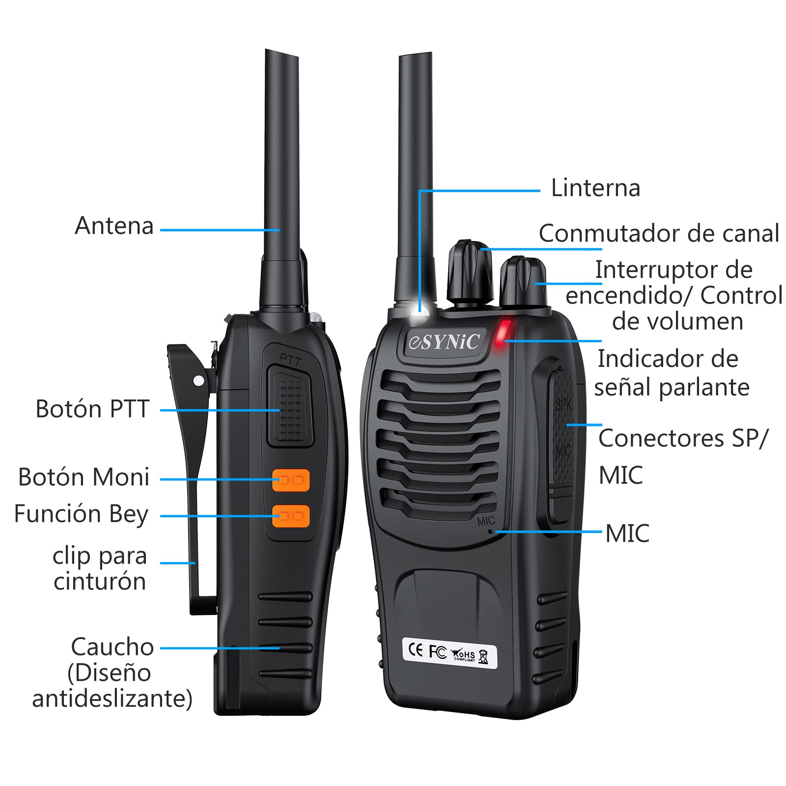 ESYNiC Paio Walkie Talkie Ricaricabile VOX PRM446MHz Radio Walkie-Talkie Professionali 16 Canali CTCSS/DCS Ricetrasmittente Portatile con Base per USB Caricabatterie e Auricolari - 1